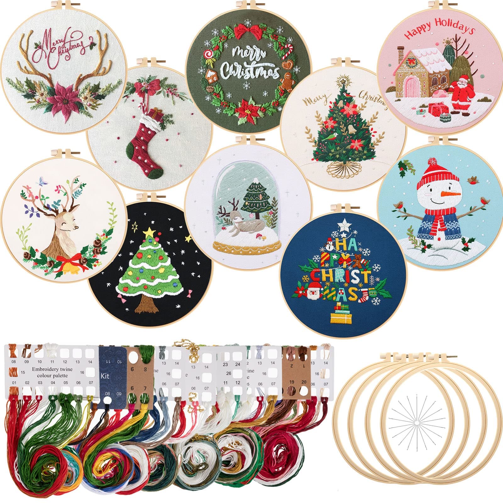 Canlierr 10 Sets Christmas Embroidery Kit with Patterns Instructions Needle Thread Tool Christmas DIY Cross Stitch for Adult Beginner Lover Xmas Holiday Party Supplies(Classic Style)