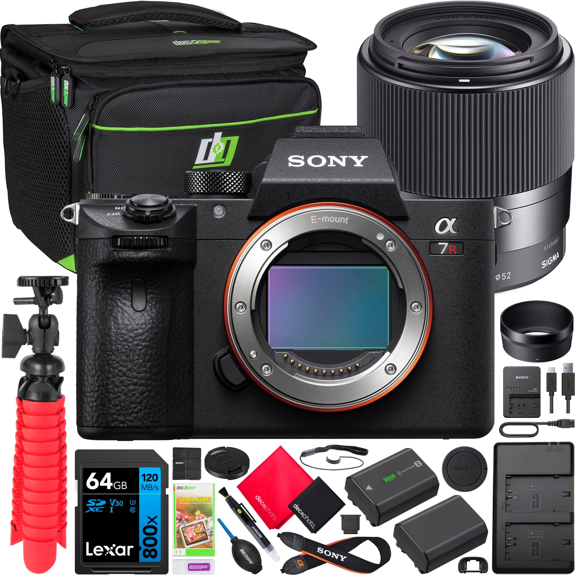 Sony a7R IV Full Frame Mirrorless Camera Body ILCE-7RM4A/B Bundle with Sigma 30mm F1.4 DC DN Contemporary Lens 302965 + Deco Gear Bag + Extra Battery & Dual Charger + 64GB Card + Tripod & Accessories