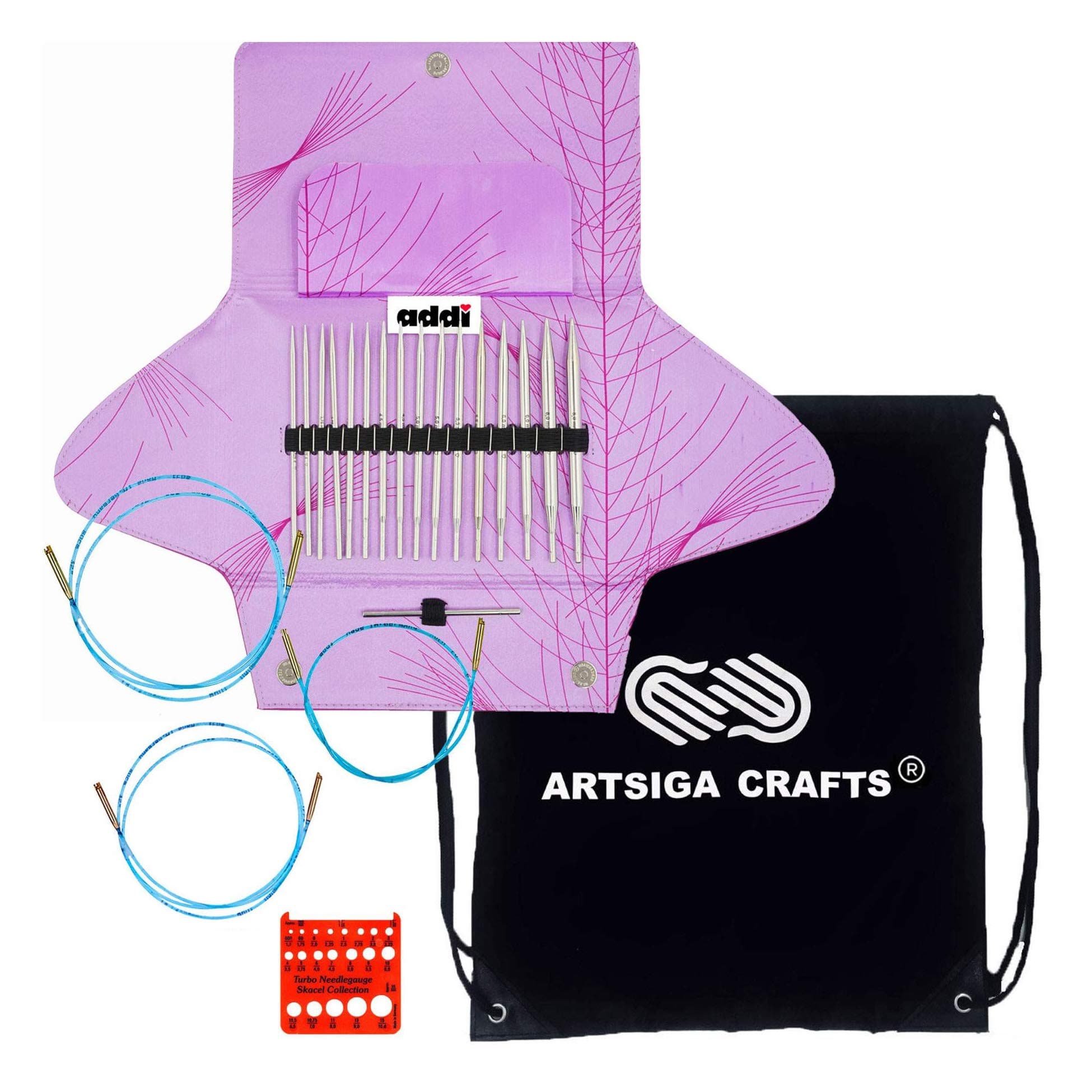 addiClick Rocket Lace Standard 5-Inch Interchangeable Circular Knitting Needle Set Sizes US 4, 5, 6, 7, 8, 9, 10 and 11, 3 Blue Cords, Pink Canvas Case with Project Bag