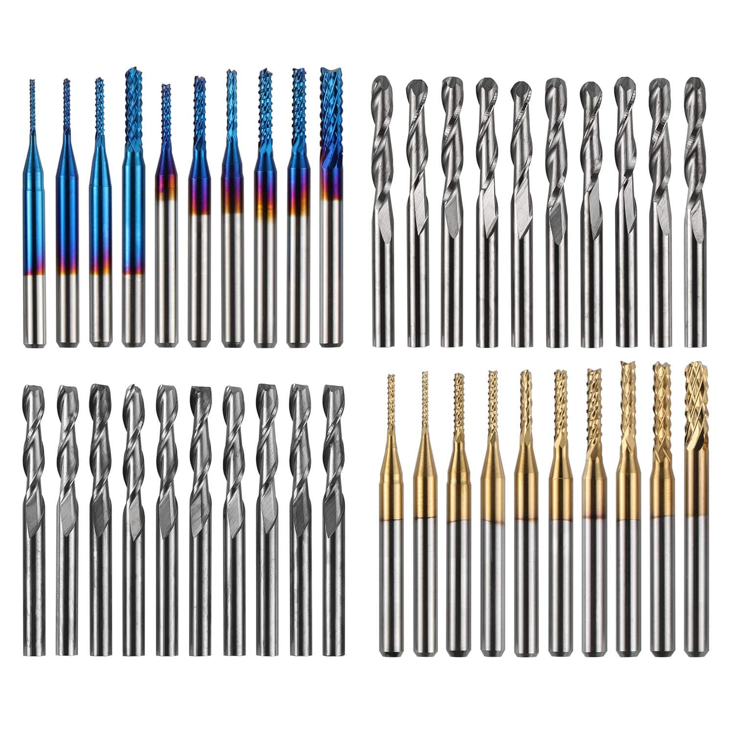 40pcs End Mills CNC Router Bits, 1/8" Shank CNC Cutter Milling Carving Bit Set Including 2-Flute Flat Nose & Ball Nose, Nano Blue Coat & Titanium Coat, MC40A
