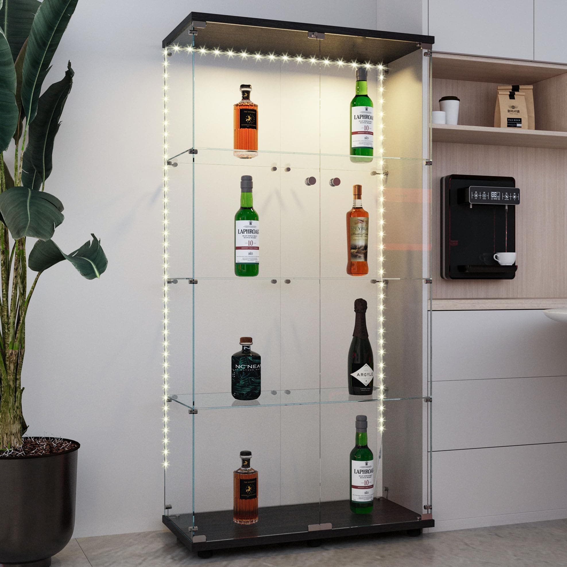 Modern Glass Display Cabinet 4-Shelf with LED Light, Lock and Wheels, 2 Door Curio Cabinets, Tempered Glass Collection Display Showcase for Living Room Home Office,30.9x13.5x65.5 H,Black