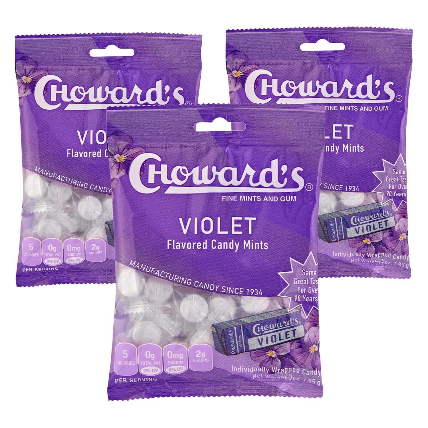 Choward's Violet Mints Candy Bag | Bold Aromatic Flavor | Perfect for Snacks in Lunchboxes, Travel, Sharing, and Gifting | Nostalgic Vintage Candy | 3 Pack (49 Individually Wrapped Candy Mints)