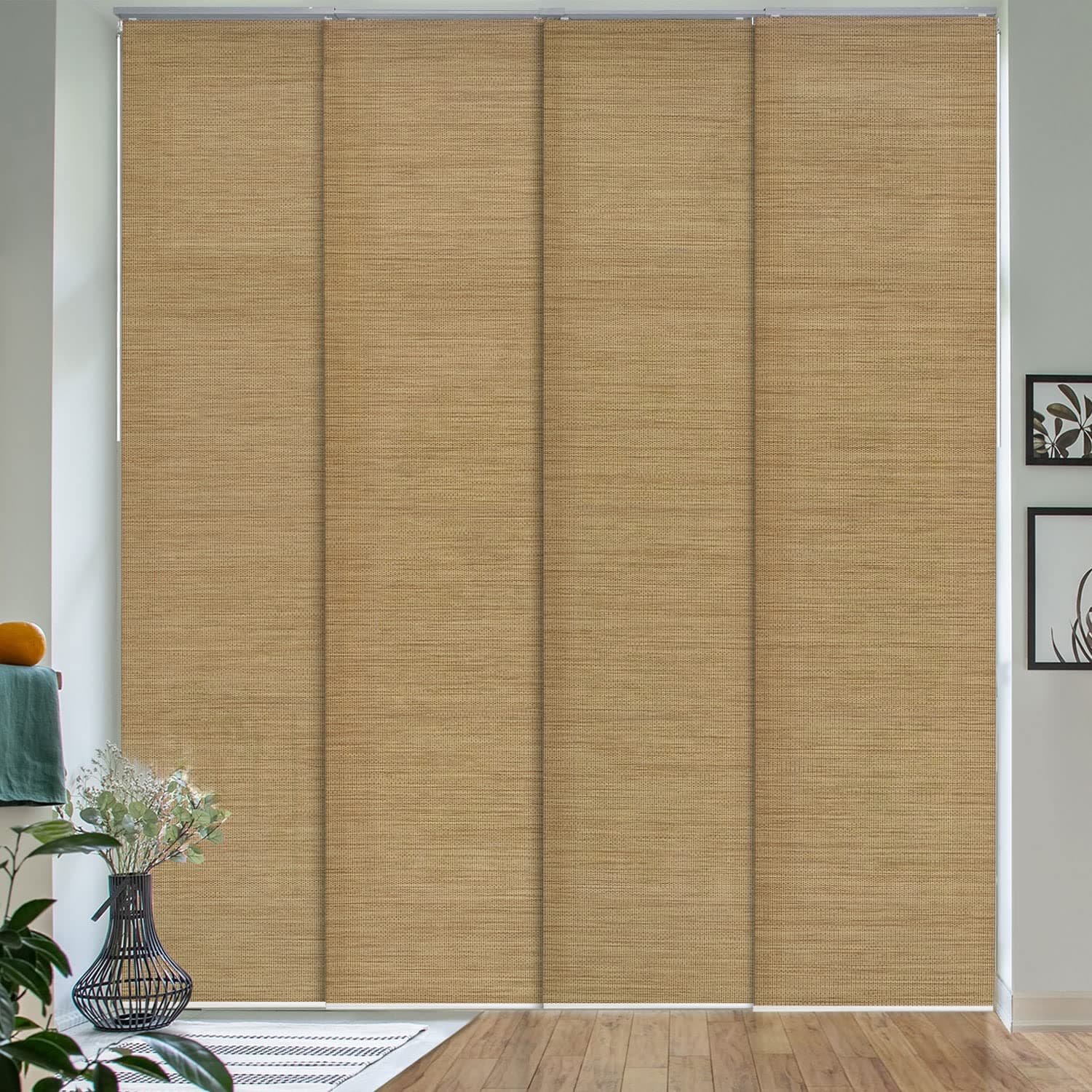 GoDear Design Adjustable Vertical Blinds for Windows, Panel Track Blinds for Sliding Closet Doors, Extendable Track from 45.8" to 86" W, Trimmable Panel Curtains Up to 96" H, Pecan