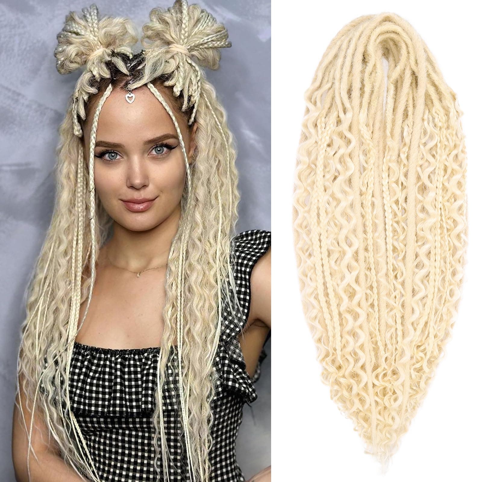 Leeven Synthetic Dreadlock Extensions Double Ended 24 Inch 30 Strands Boho Dreads 613 Blonde 3 Style Mixed Wavy Curly DE Dreads Braid in Full Set Dread for Women Girl