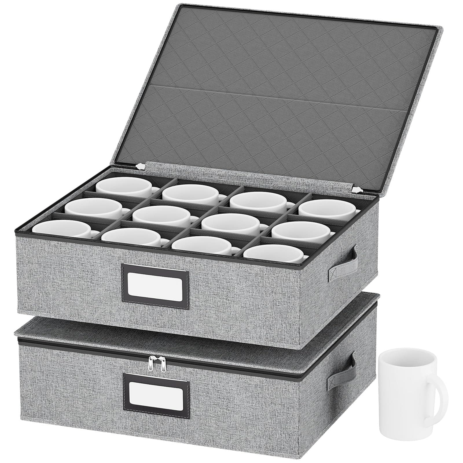 homyfort Coffee Mug Storage Box Organizer with Dividers, China Tea Cup Storage Containers Hard Shell, Service for 24 Coffee Mugs or Tea Cups (Grey)