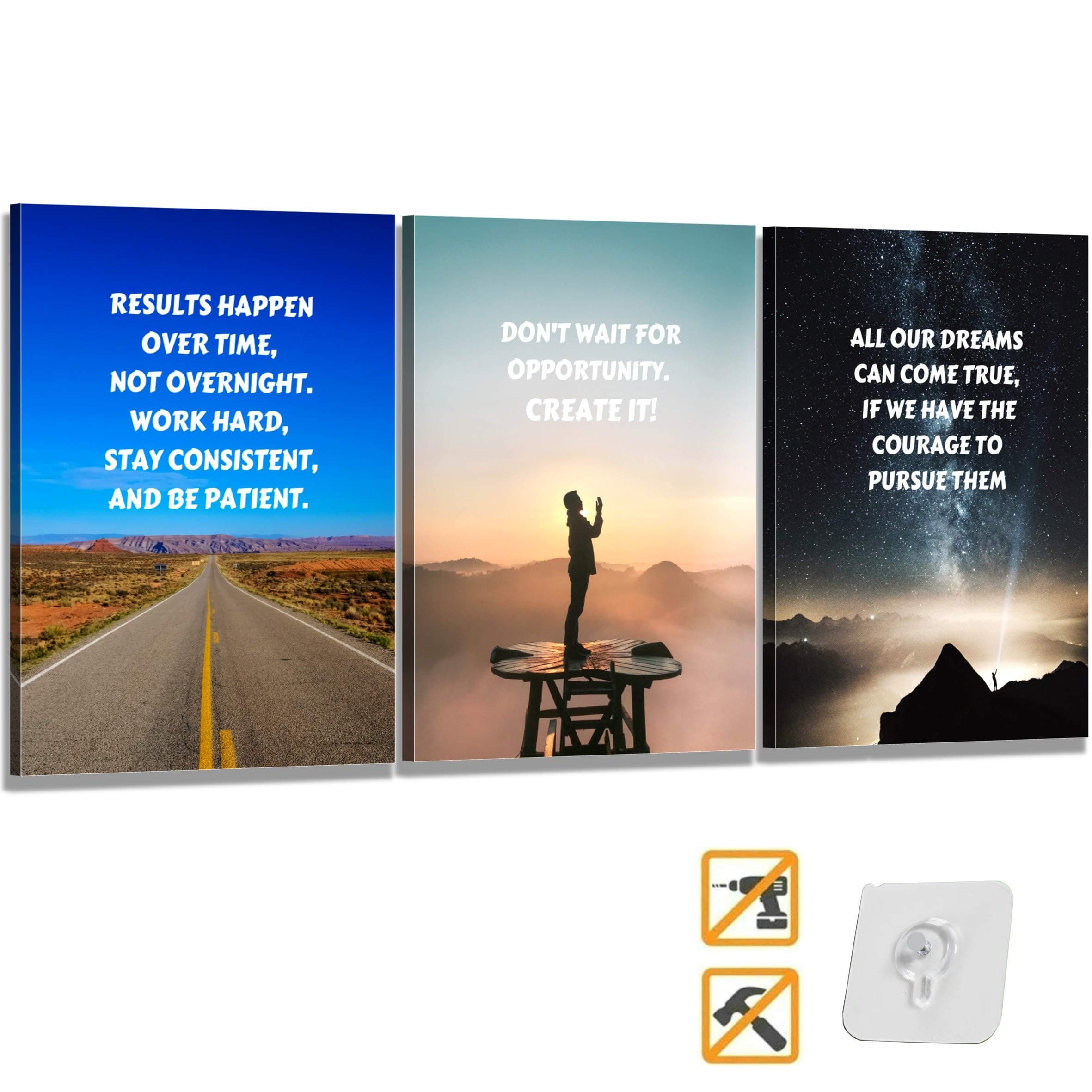 CADOVER 3 pc Set Motivational Wall Canvas Framed Art, Ready to Hang With Adhesive, Inspirational Quotes Artwork Prints for Office Home Bedroom, 12x16 inches
