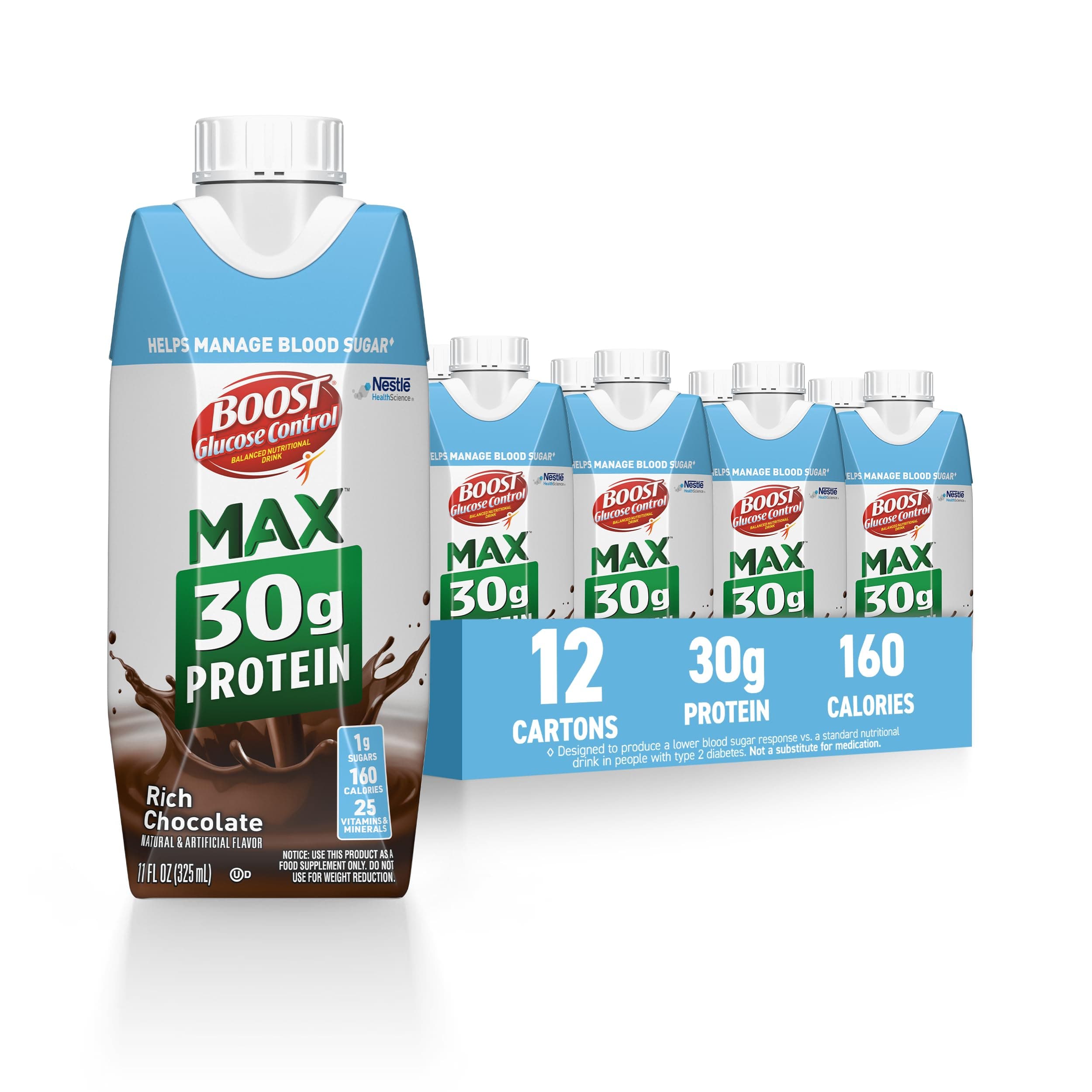 BOOST Glucose Control Max 30g Protein Nutritional Drink, Rich Chocolate, 11 Fl Oz (Pack of 12)