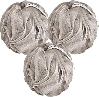 MainBasics Bath Shower Loofah Sponge Pouf Body Scrubber Exfoliator Body Wash Sponge (Set of 3, Totally Taupe)