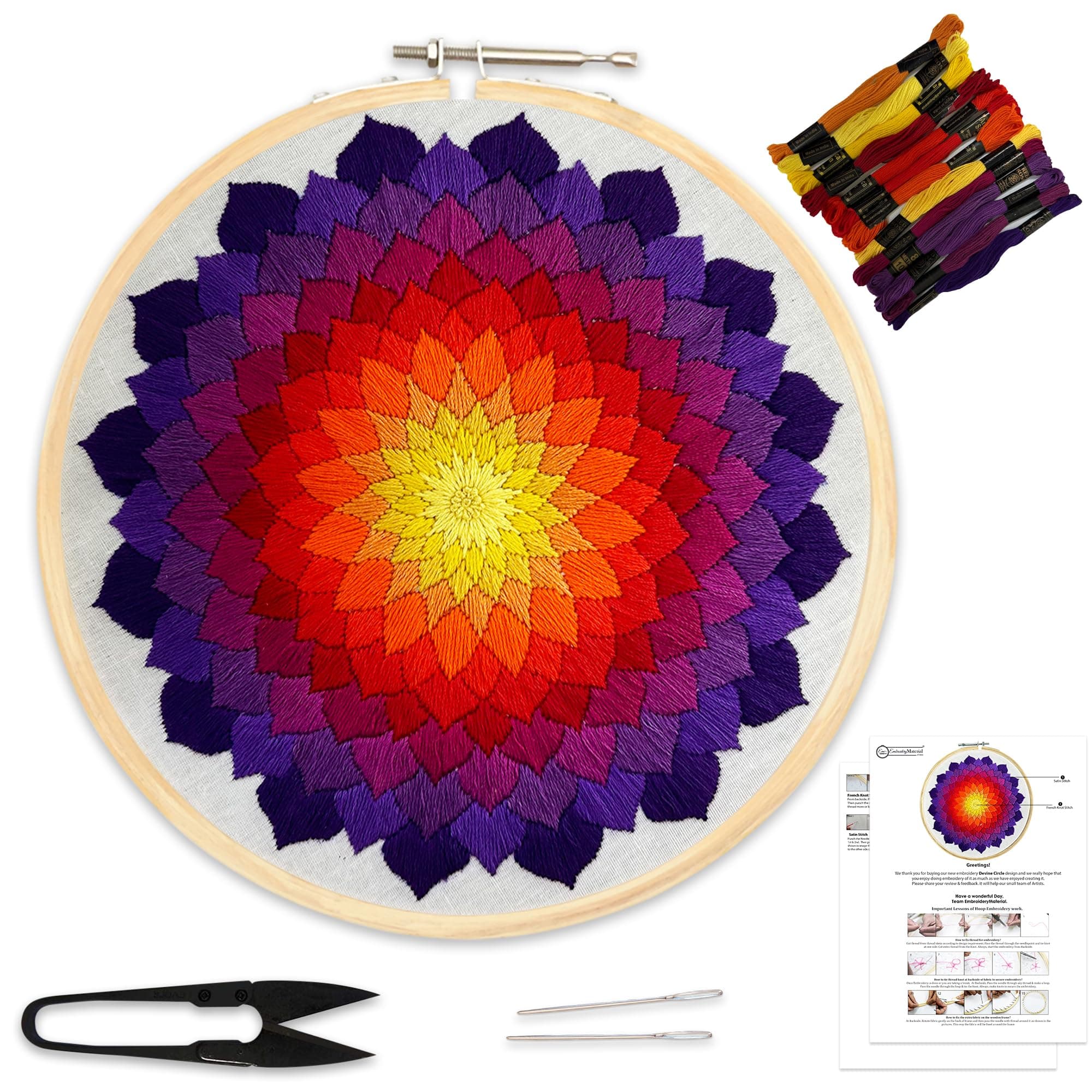 Divine Circle Embroidery Kit for Beginners & Adults – 8 Inch Wooden Hoop, 17 Cotton Thread Skeins, Printed Fabric, 2 Needles, Cutter & Step-by-Step Instructions Included