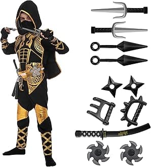 Spooktacular Creations Golden Ninja Costume Set, Ninja Jumpsuit with Foam Accessories for Kids, Halloween Cosplay Party