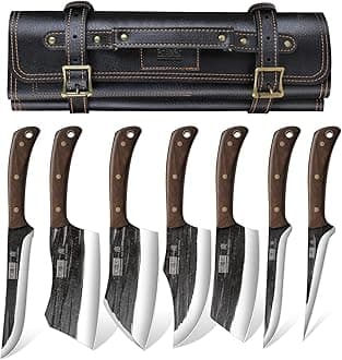 Butcher Knife Set, Hand Forged Butcher Chef Knife Set with Roll Bag, Sharp Meat Cleaver Knife & Bone Chopper Knives & Fillet Knives for Home & Camping & BBQ Gift with Men