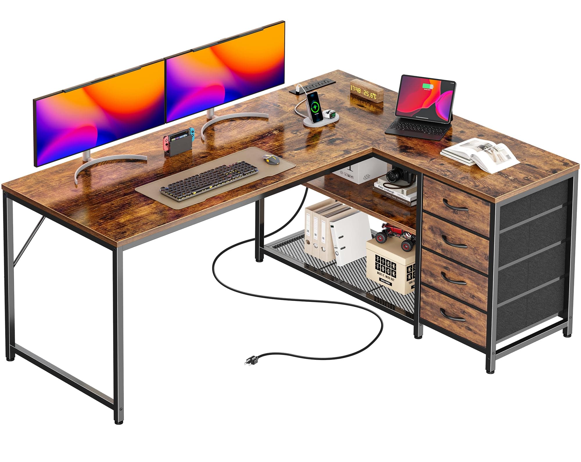 53" L Shaped Desk with Power Outlets and USB-C Port, Reversible Computer Corner Office Desk with 4 Fabric Drawers and 2 Height-Adjustable Shelves, Large for Gaming Writing Study, Rustic Brown
