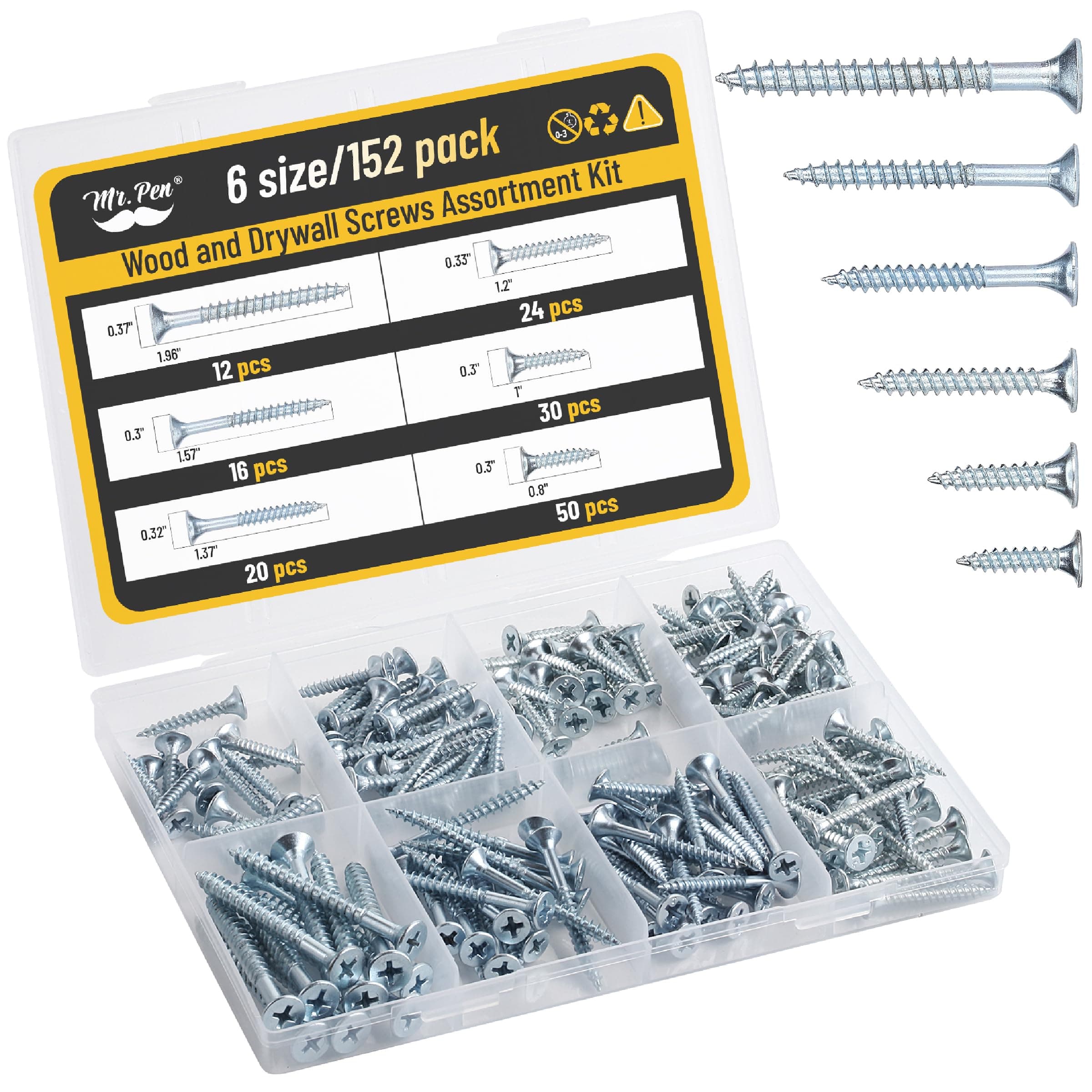 Mr. Pen- Wood Screws Assortment Kit, 152 pcs, Silver, Phillips Tips, Assorted Wood Screws, 6 Sizes (2”, 1-1/2”, 1-1/4”, 1”, 3/4”, 1/2”)