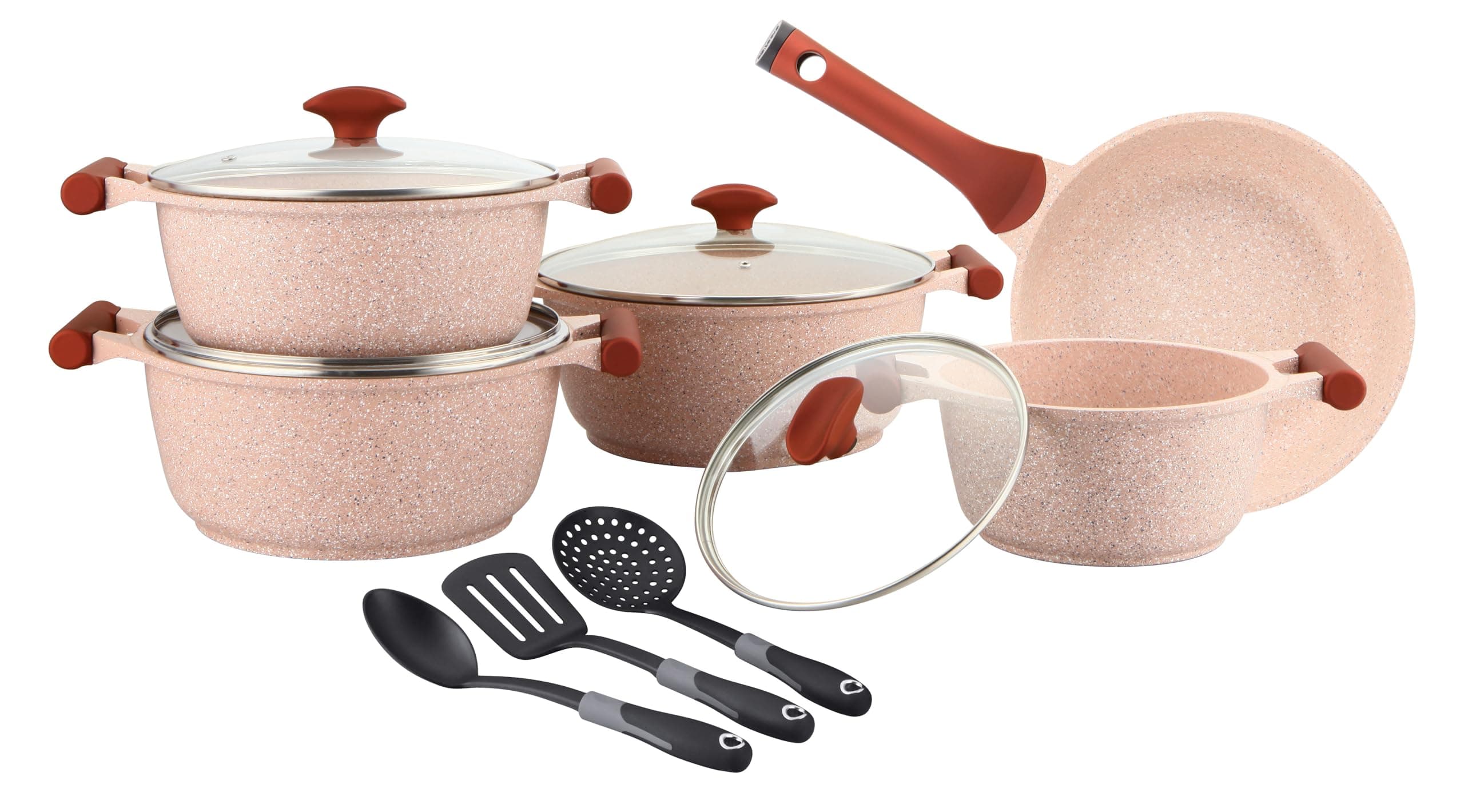 Prestige Essentials Granite 12 Piece Non-Stick Cast Aluminium Cookware sets |Induction Compatible Pots and Pans Set | Pink - PR80964