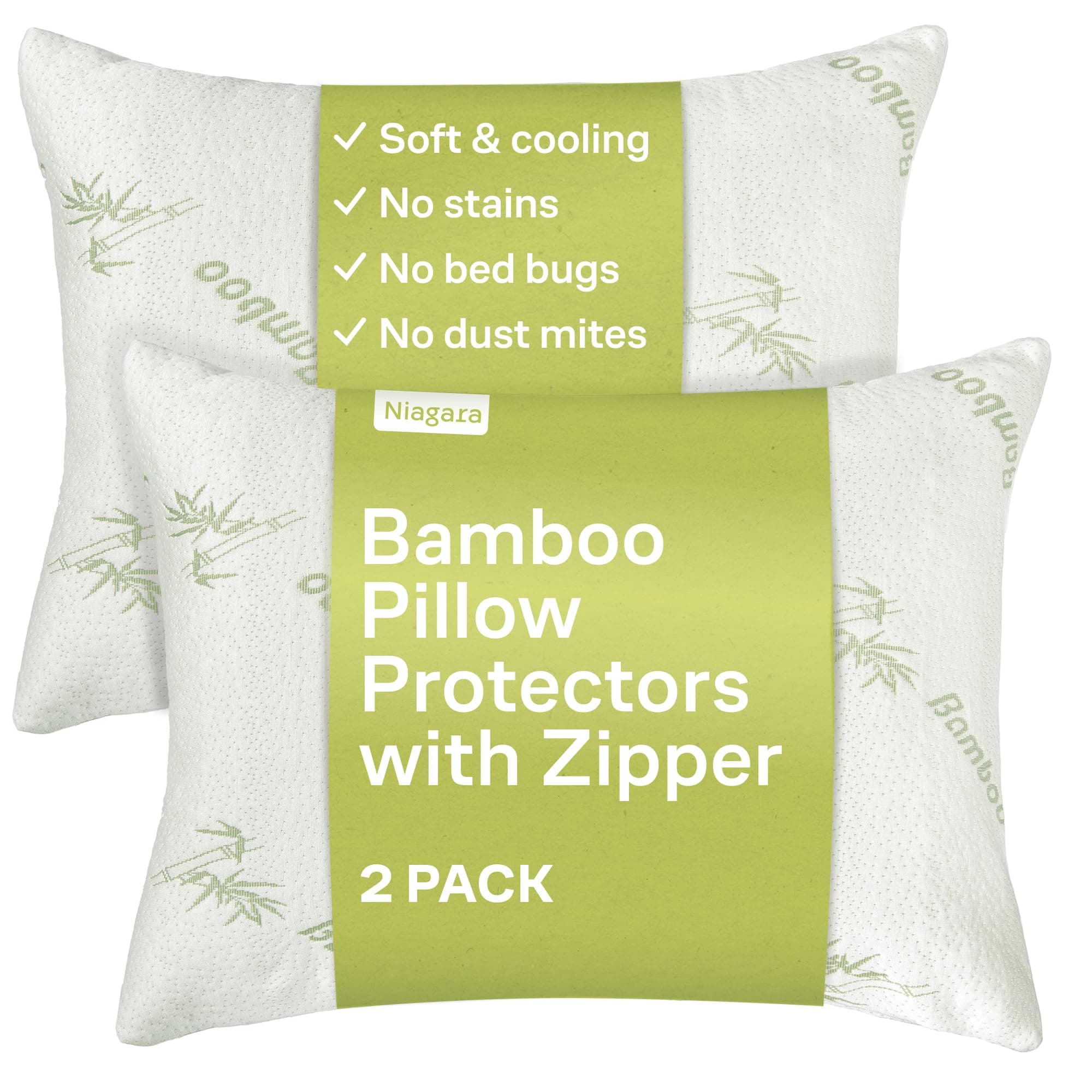 Niagara Sleep Solution Natural Bamboo Cooling Pillow Protectors Standard (Queen) 2 Pack 20x30 / Pair Zippered Case, Guaranteed Noiseless Pad, Ultra Plush Absorbent, 50cm x 75cm