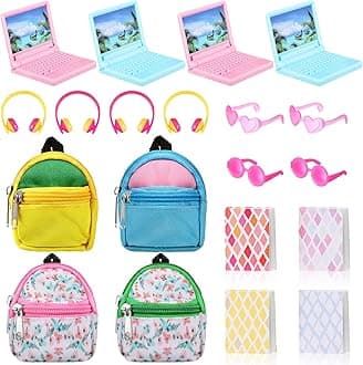 Charniol 20 Pieces Dollhouse School Accessories Doll Backpack Set Include Mini Laptop Scene Simulation Backpack Bag with Zipper Mini Headsets Toy Sunglasses Mini Book ,for teen above 12 years