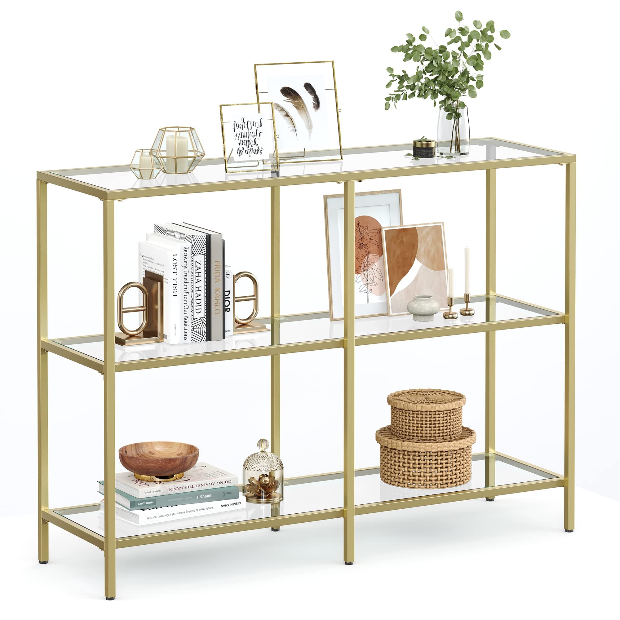 39.4 Inch Console Table with 3 Shelves, Sofa Tables, Modern Entryway Table, Metal Frame, Tempered Glass Shelf, Entryway Living Room Bedroom, Metallic Gold and Transparent ULGT27G