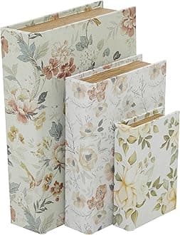 Deco 79 Canvas Decorative Box Faux Storage Book Book Shaped Boxes with Pink and Blue Floral Patterns, Set of 3 Decorative Keepsake Boxes 12", 9", 6"H, White