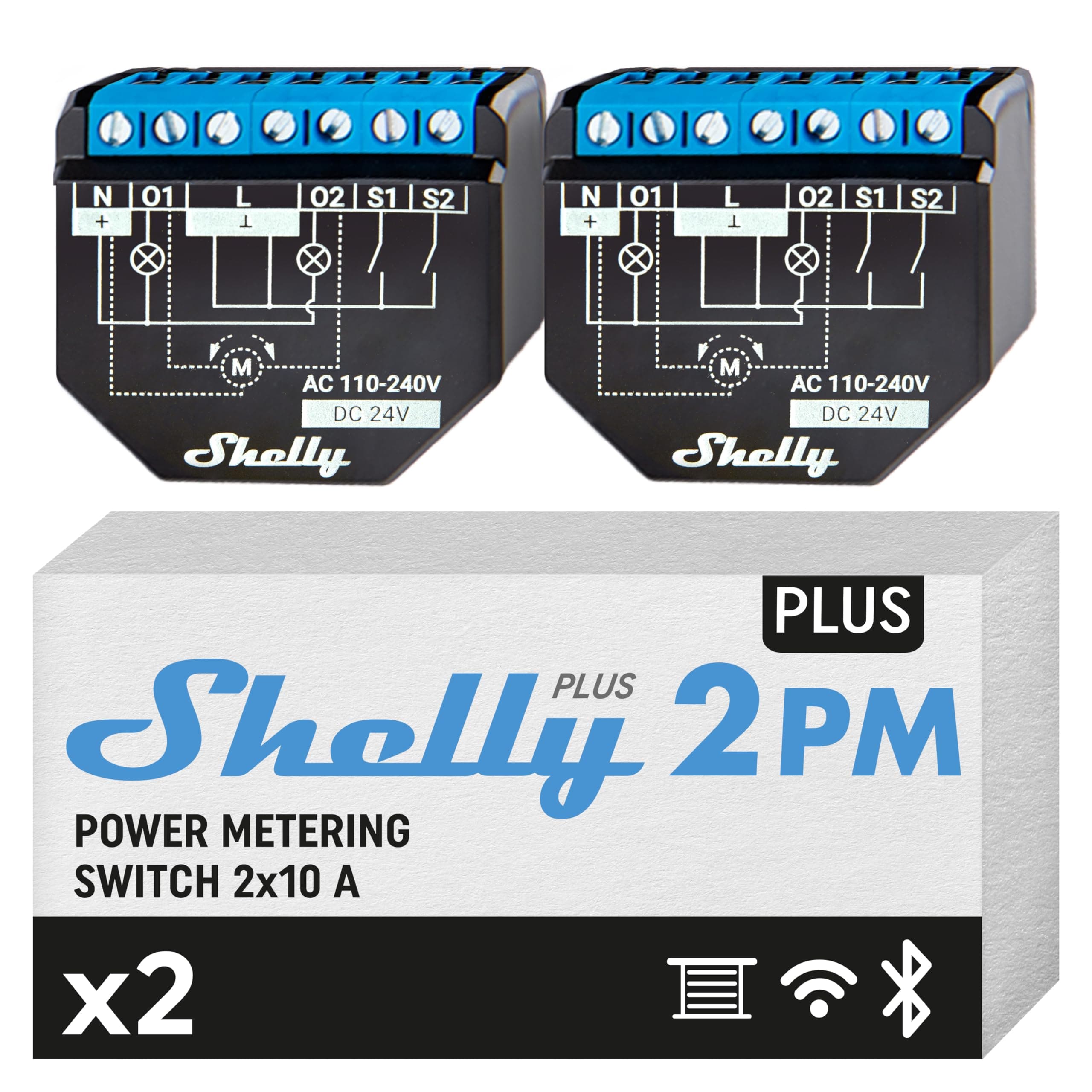 Shelly Plus 2PM | WiFi 2-Channel Smart Relay Switch with Power Metering | Home Automation | Bluetooth Gateway | Roller Shutters | Remote Control | Alexa & Google Home | iOS Android App (2 Pack)