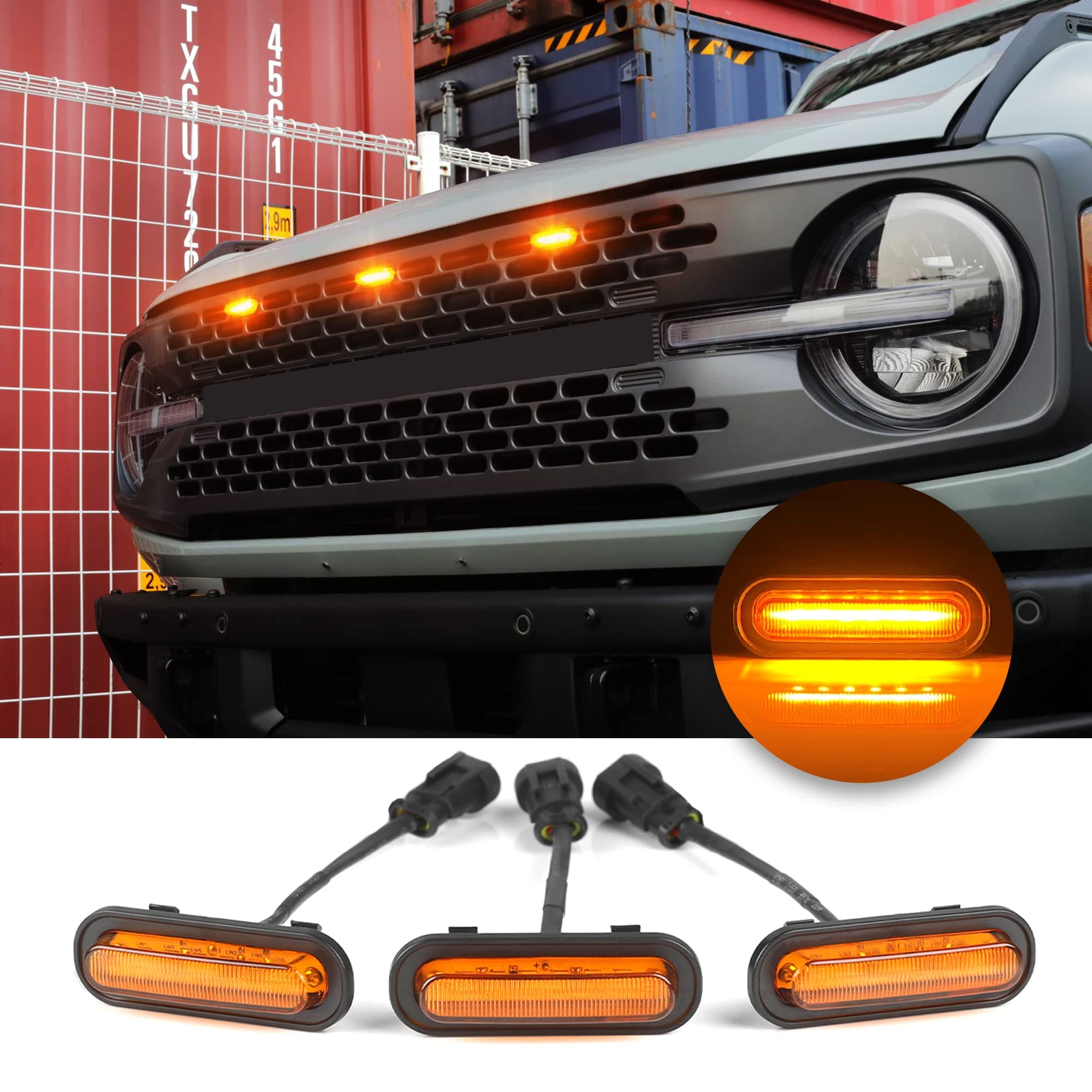 Seven Sparta 3 Pcs Front LED Grill Lights for Ford Bronco Accessories 2021 2022 2023 2/4 Door Badlands Wildtrak Everglades & First Edition Amber OEM Grille Lamps Kit with Fuse & Wiring Harness