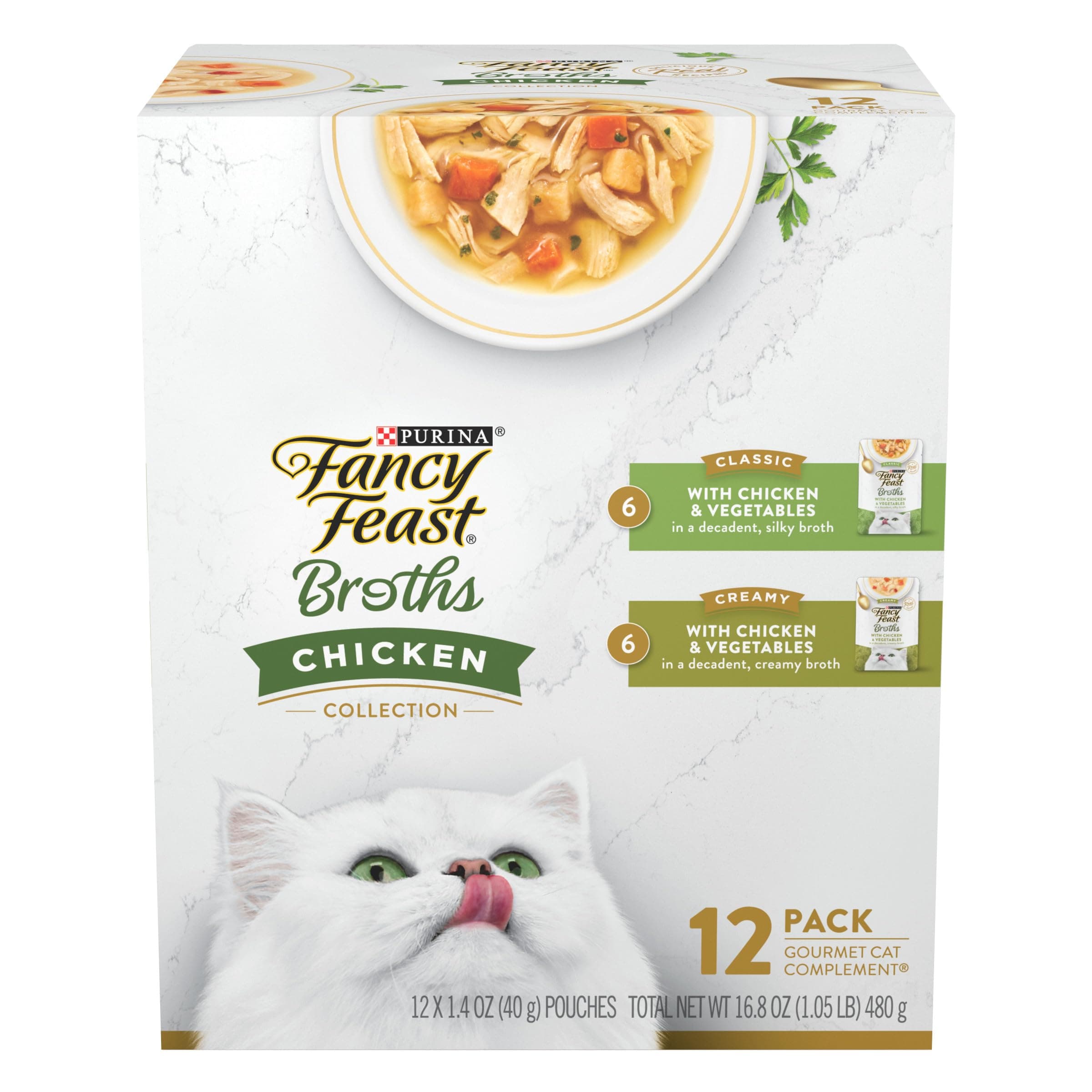 Purina Fancy Feast Chicken Broth Complement Lickable Grain Free Wet Cat Food Variety Pack - (Pack of 12) 1.4 oz. Pouches