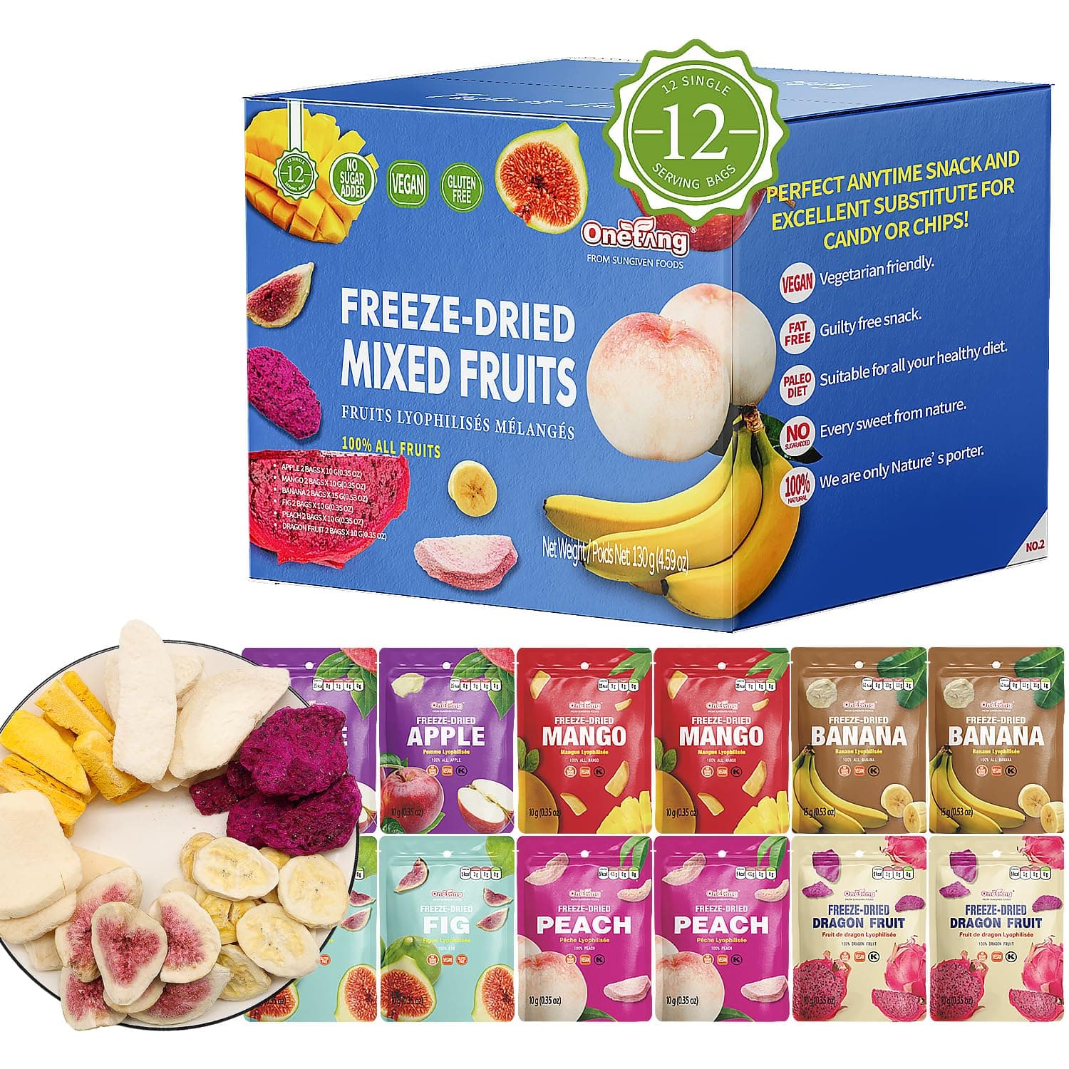 ONETANG Freeze-Dried Mixed Fruit, 12 Pack Single-Serve Pack, Non GMO, Kosher, No Add Sugar, Gluten free, Vegan, Holiday Gifts, Healthy Snack, Blue Box, 0.35 Ounce
