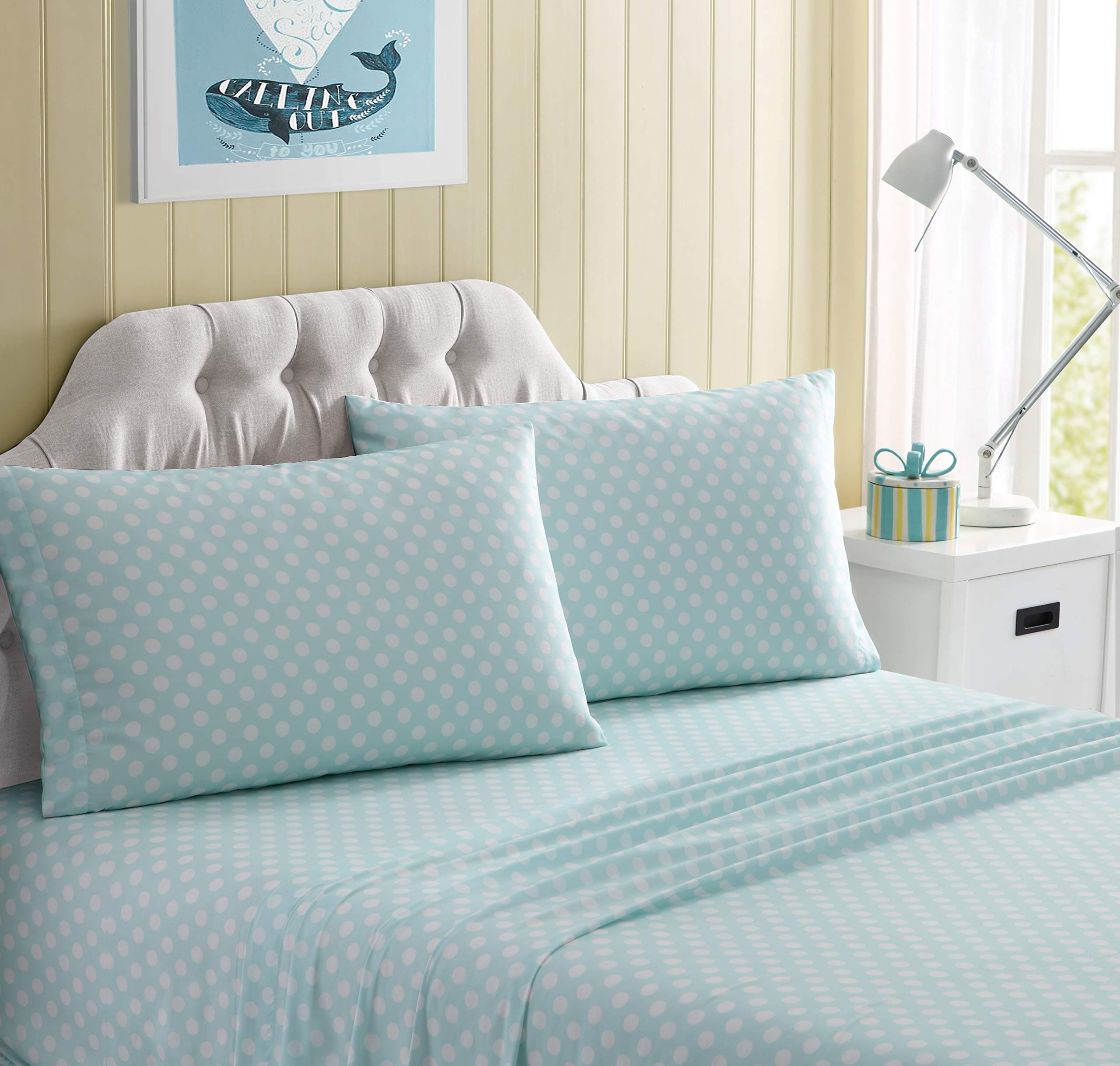 Kute Kids Super Soft Sheet Set - Polka Dot Brushed Microfiber for Extra Comfort (Aqua, Twin)