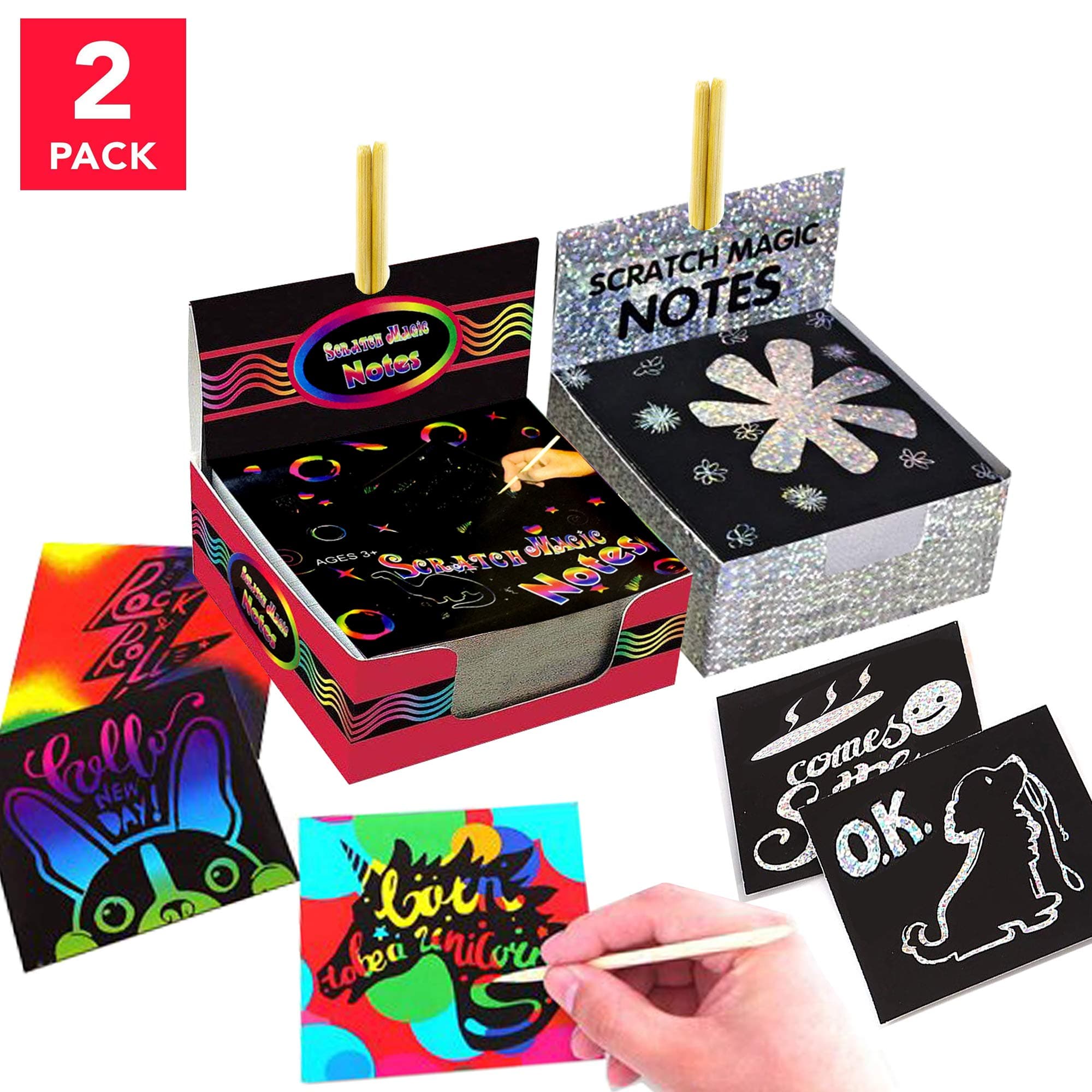 Scratch Art Notes; Rainbow Mini Notes; Rainbow Scratch Paper; Scratch Magic Notes; Rainbow (100 Sheets) and Glitter (100 Sheets) Paper with 4 Wooden Stylus
