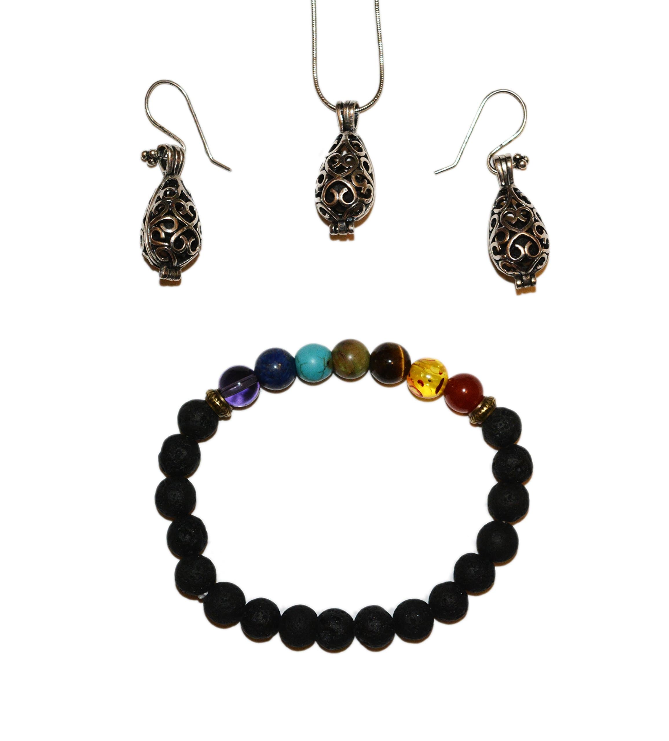 Lava Stone Essential Oil Diffuser Matching Necklace & Earrings Set, and 7 Chakra Lava Stone Essential Oil Diffuser Bracelet All Packaged in Velvet Gift Bag (Tear Drop)