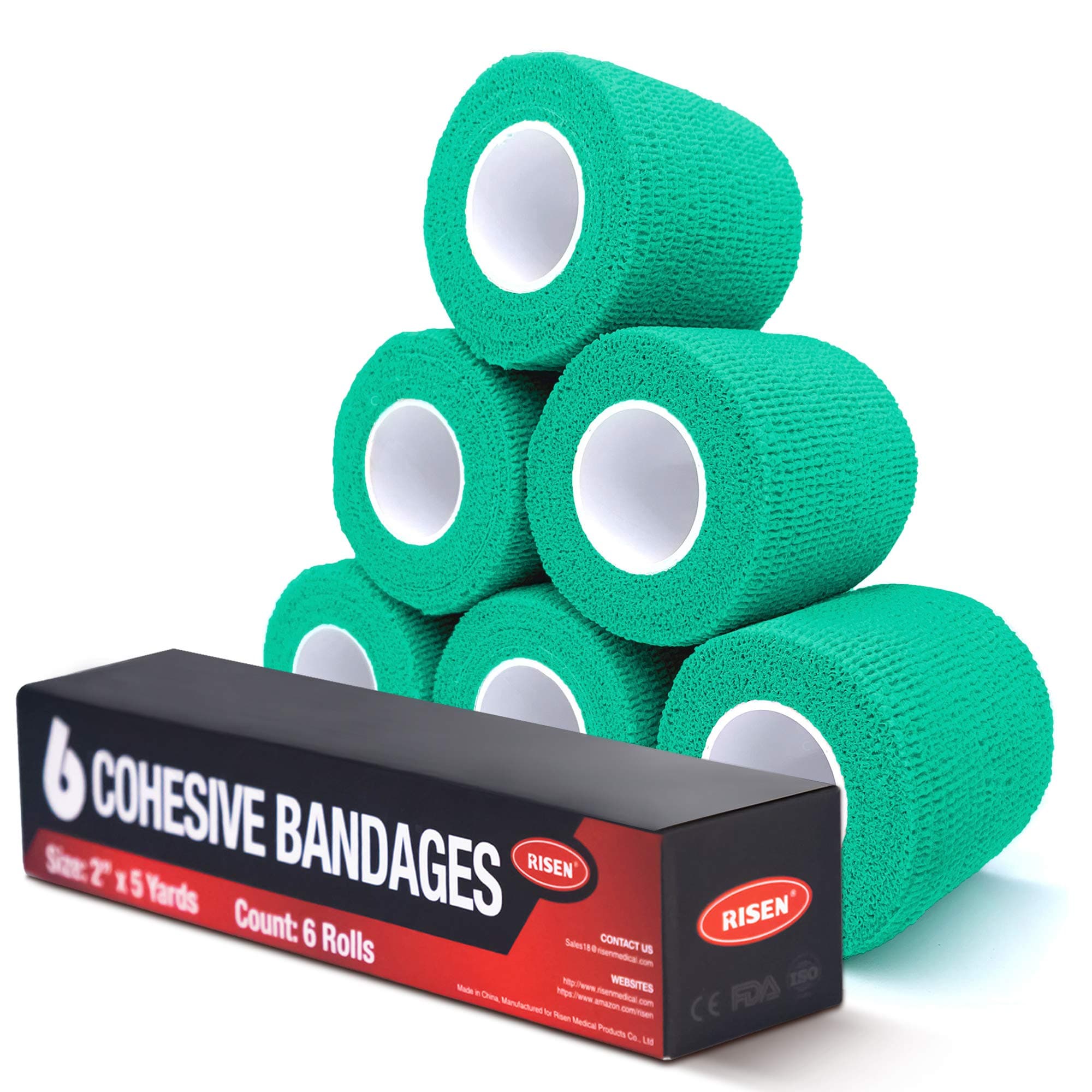 RISEN Cohesive Bandage 2” x 5 Yards, 6 Rolls, Self Adherent Wrap Medical Tape, Adhesive Flexible Breathable First Aid Gauze Ideal for Stretch Athletic, Ankle Sprains & Swelling, Sports(Mint Green)