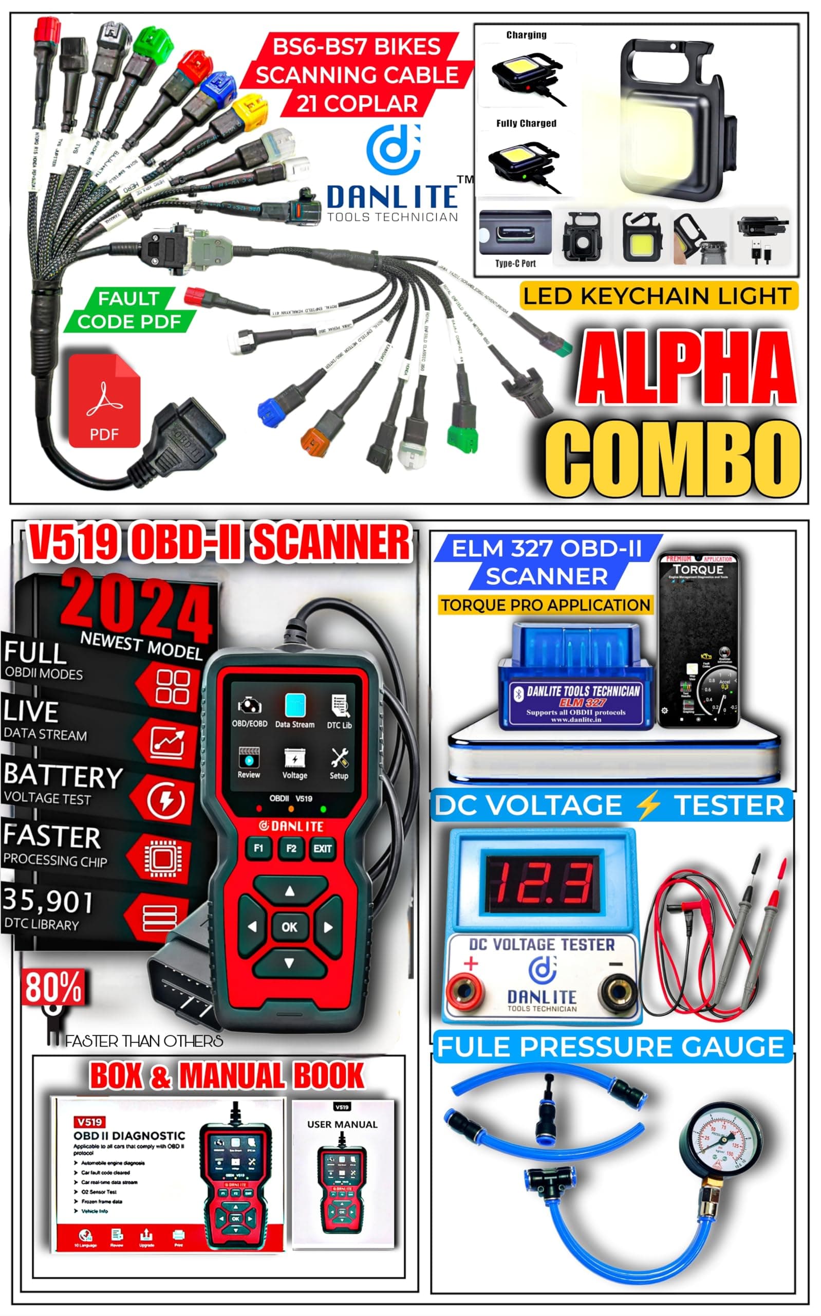 V519 OBD-II Scanner with BS6 BS7 Bike Scanning 21 Coplar Cableb Hero Suzuki Yamaha KTM with ELM 327 Dual Scanner Kit OBD-II Diagnostic Tools [New Update Bikes]