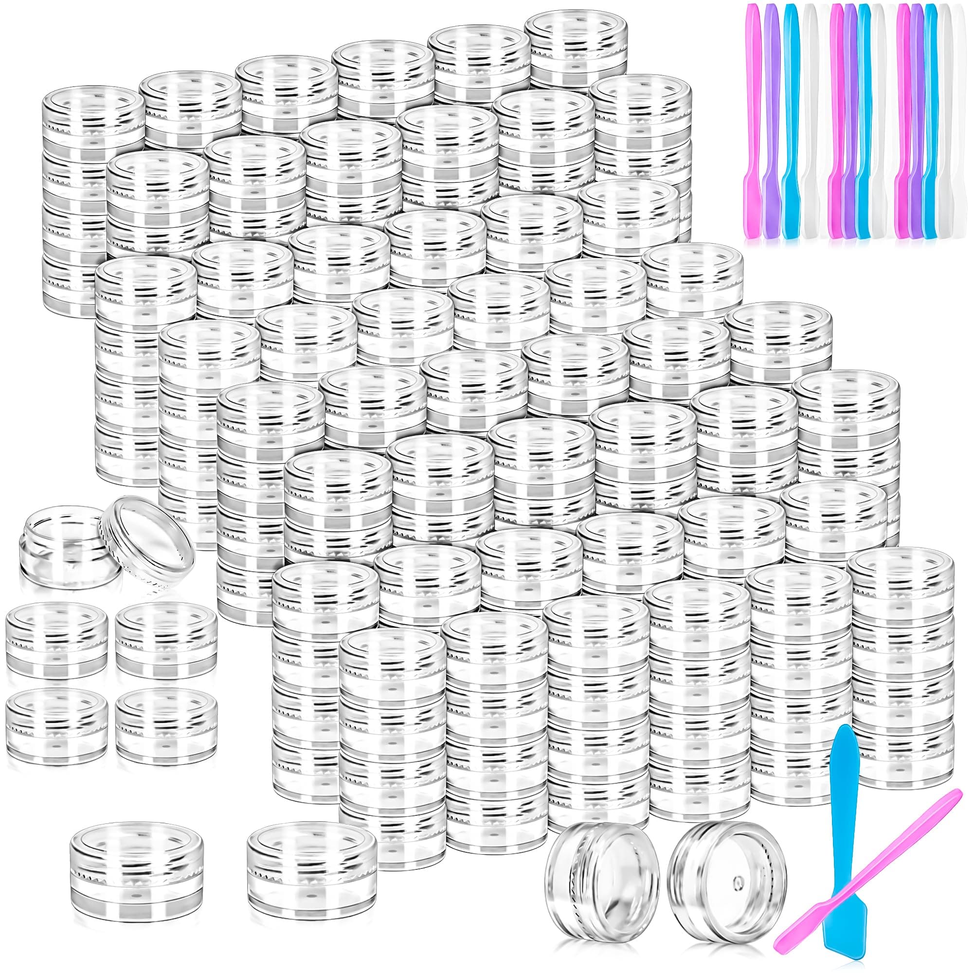 MotBach 100 PCS Empty Plastic Containers with Clear Lids, Mini Sample Pot Jars Round Cosmetic Jars with Spatulas for Liquid, Powder, Cream, Lotion, Half 3g Half 5g