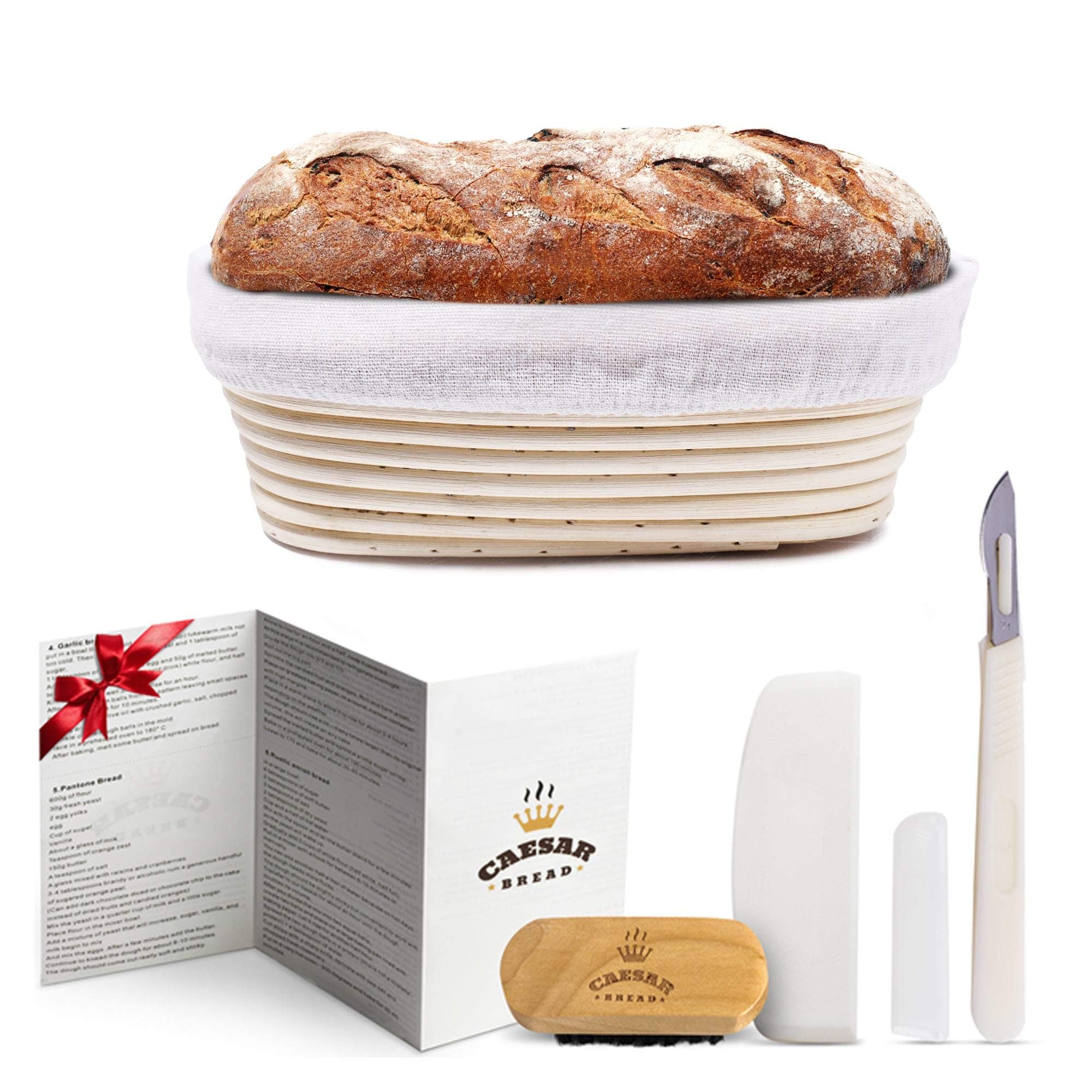 Banneton Bread Proofing Basket By Caesar Bread, 10 Inch Oval Sourdough Brotform For Rising Dough Set, Include Cloth Liner, Scraper, Bread Lame, Brush & Recipe Book For Beginners & Professional Bakers
