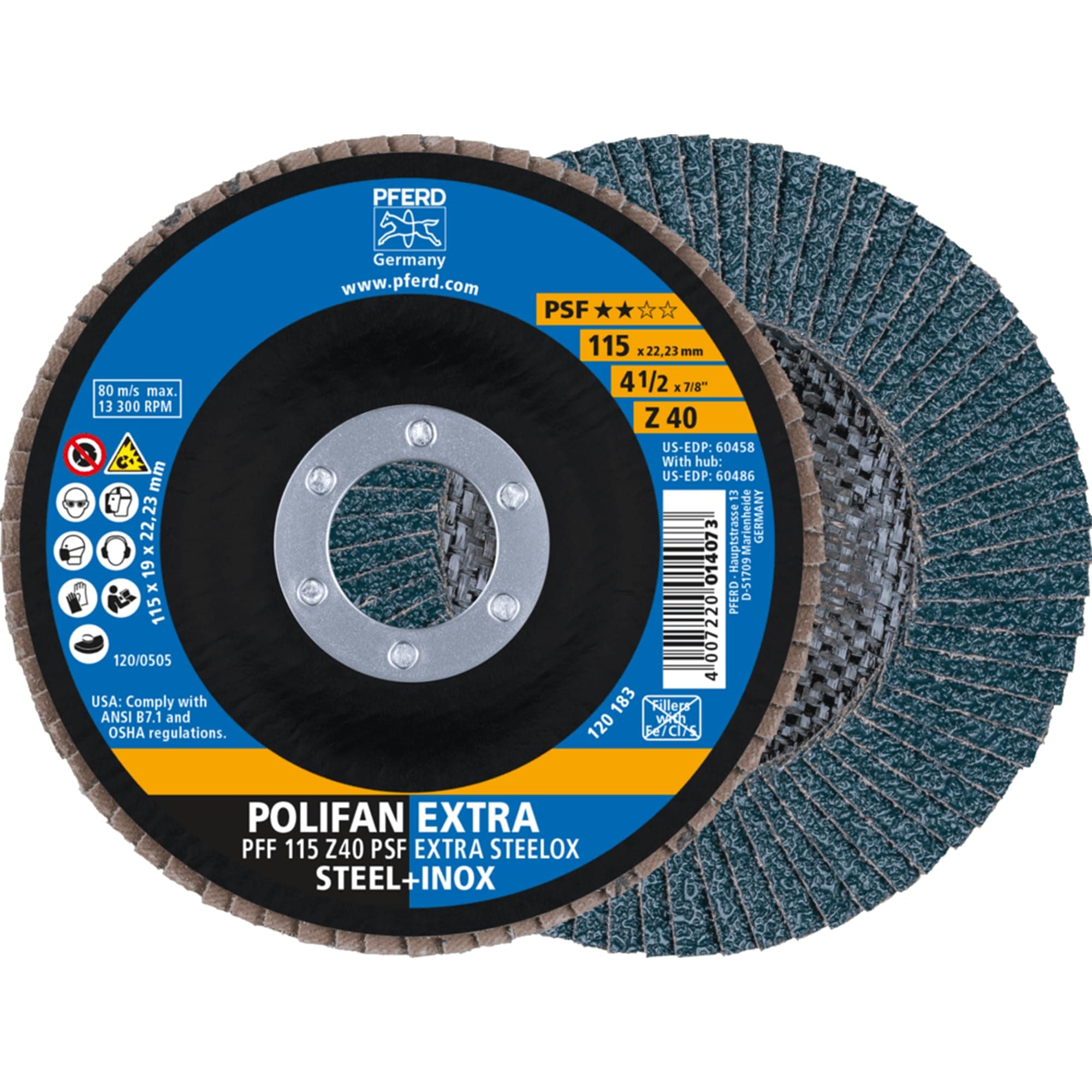 60458 Polifan PSF Z-EXTRA Type 27 Flat Flap Disc, Zirconia Alumina, 4-1/2" Diameter, 7/8" Arbor Hole, 13300 rpm, 40 Grit