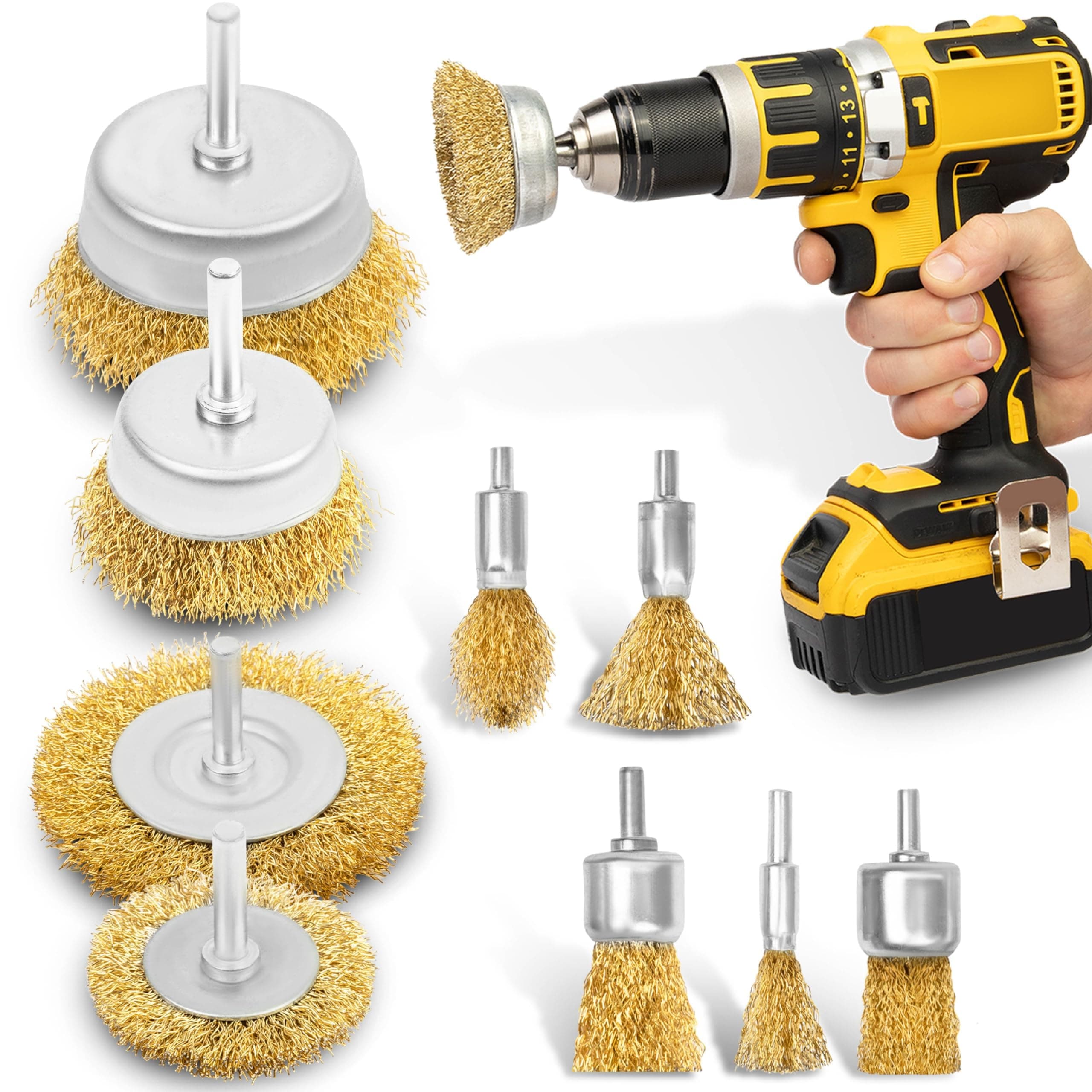 BLOSTM Steel Wire Brush for Drill - 9 PCS Brass Coated Drill Wire Brush Attachment Set with 1/4" Shank Hex - Metal Wheel Brushes for Cleaning, Rust & Paint Removal, Polishing (9 PCS)