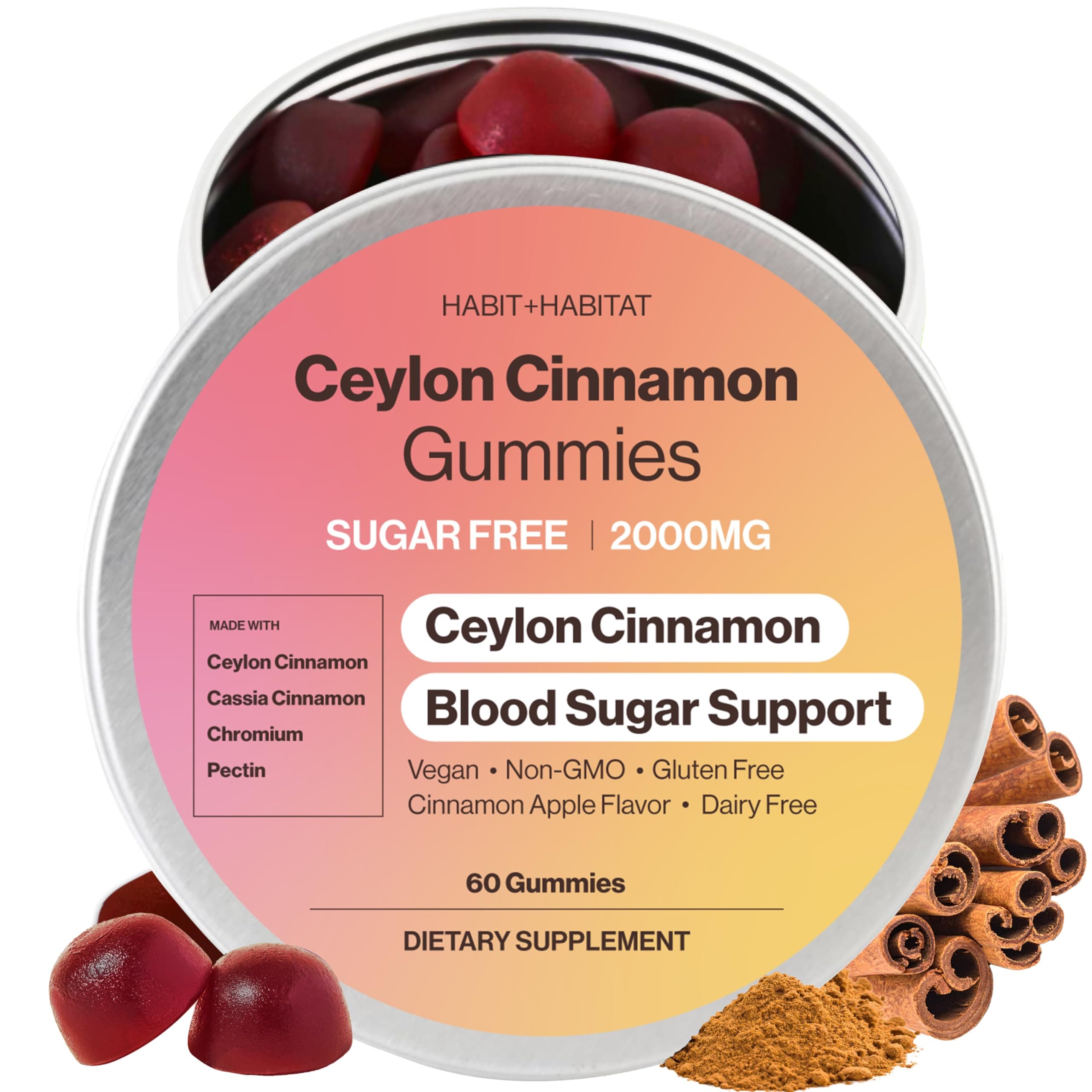 Ceylon Cinnamon Gummies - 2000mg Cinnamon Complex Chromium in Plastic Free Tins - Gluten Free Vegan