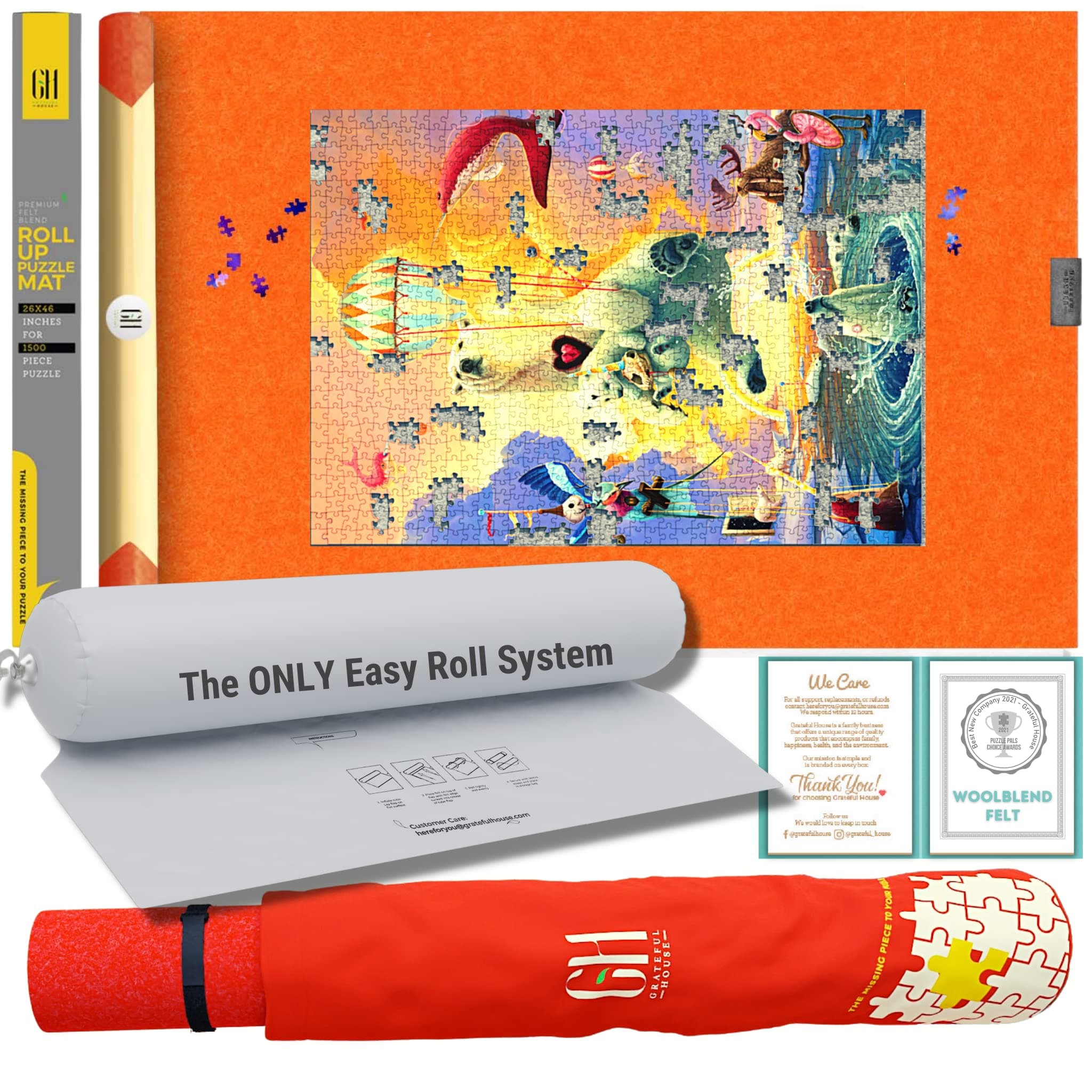 GRATEFUL HOUSE Premium Wool Blend Roll Up Puzzle Mat for Jigsaw Puzzles Wool Felt Lays Perfectly Flat Comes Rolled No Creases, Fits 500 1000 1500 Piece Puzzles. Orange 46 x 26 inches