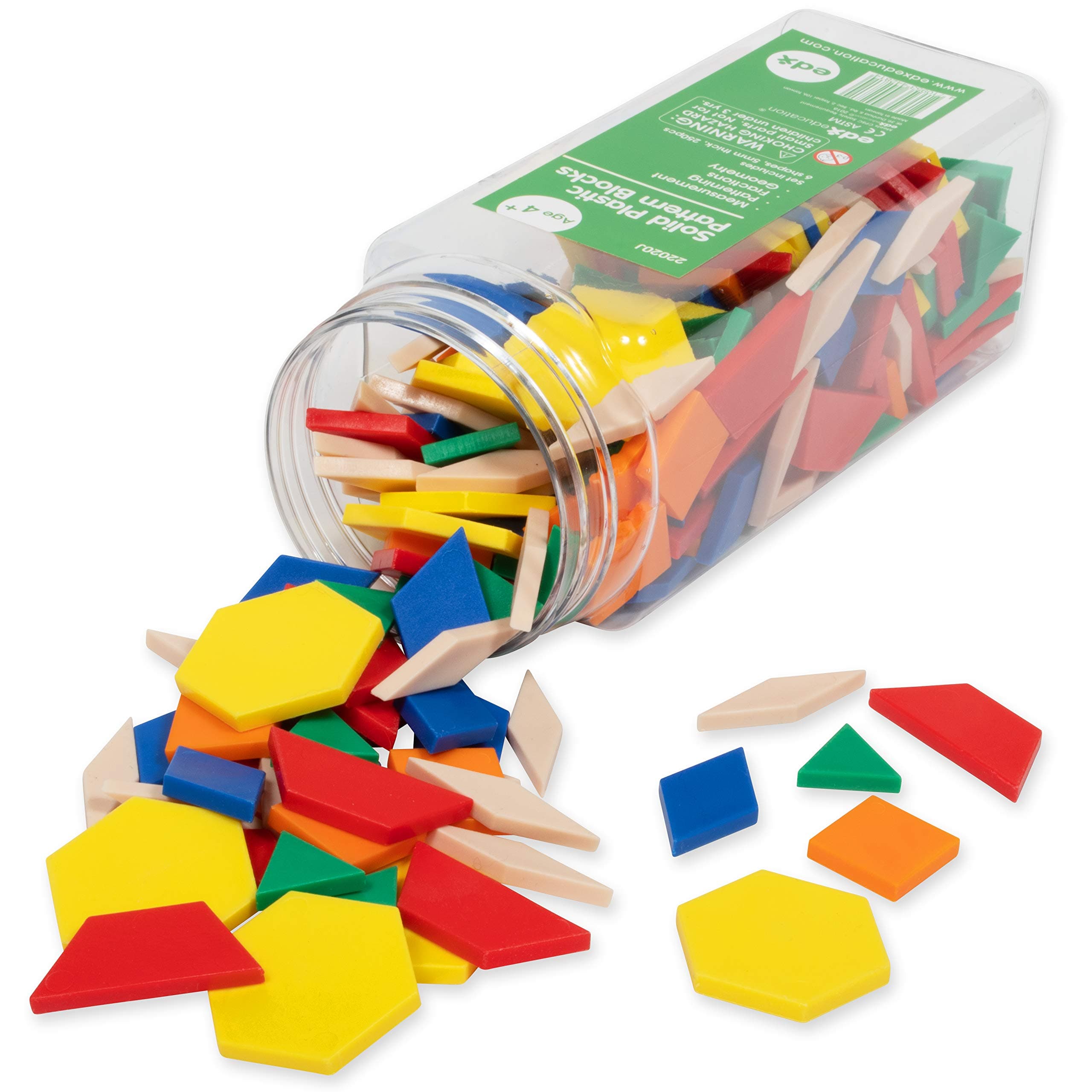 Plastic Pattern Blocks | Set of 250 | Math Manipulative for Fractions, Symmetry, Patterning and Creativity | Math Supplies for Classroom