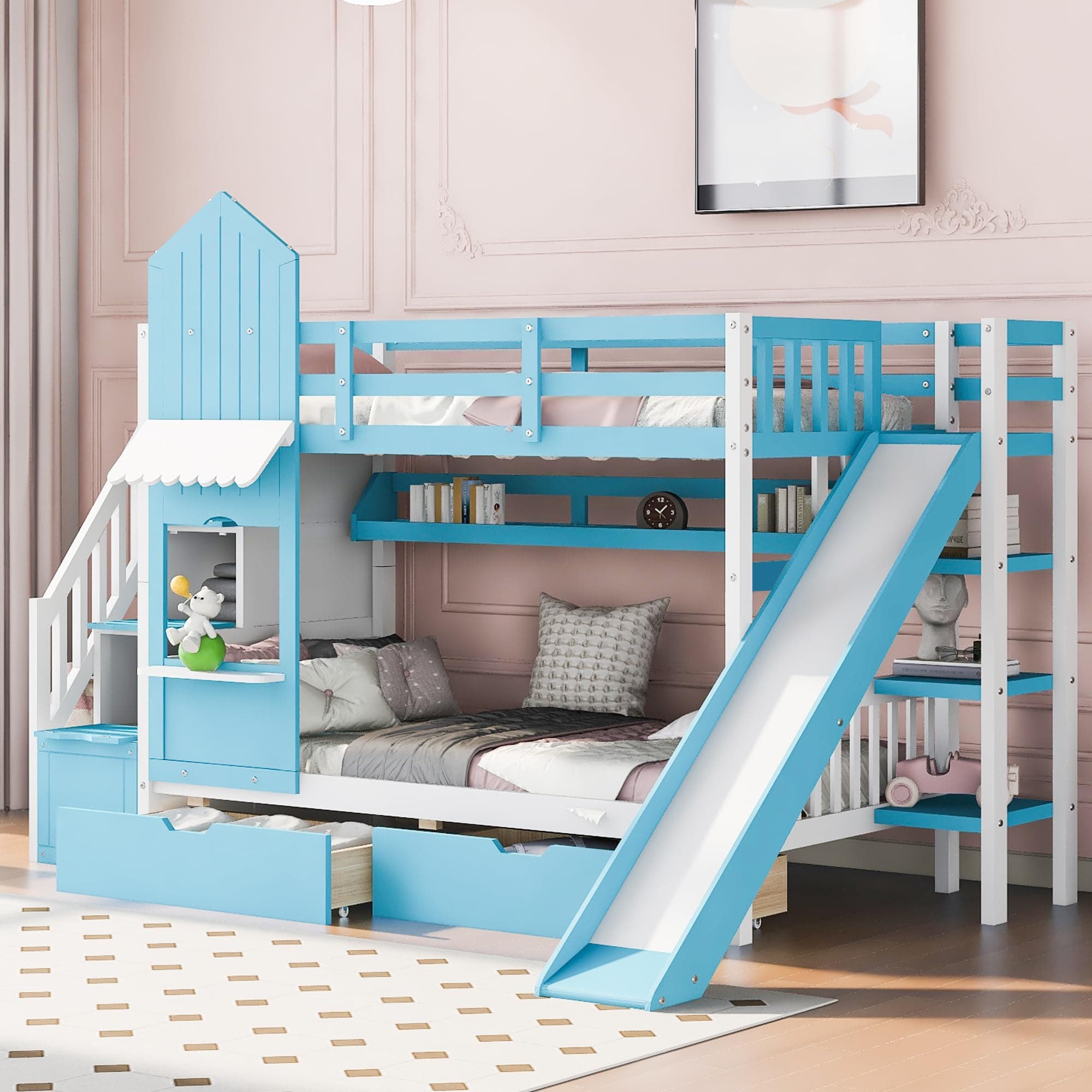 Twin-Over-Twin Bunk Beds Castle Style Bunk Bed with 2 Drawers 3 Shelves and Slide - Blue