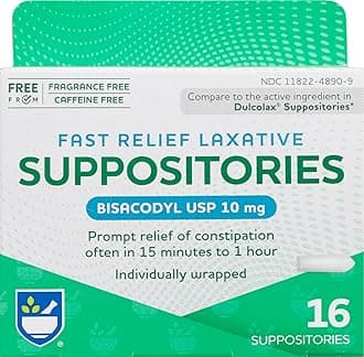 Rite Aid Fast Relief Laxative Suppositories, Bisacodyl USP, 10mg - 16 Count | Stimulant Laxative | Constipation Relief | Works in 15 Minutes to 1 Hour | Relief of Constipation | Laxative Suppository