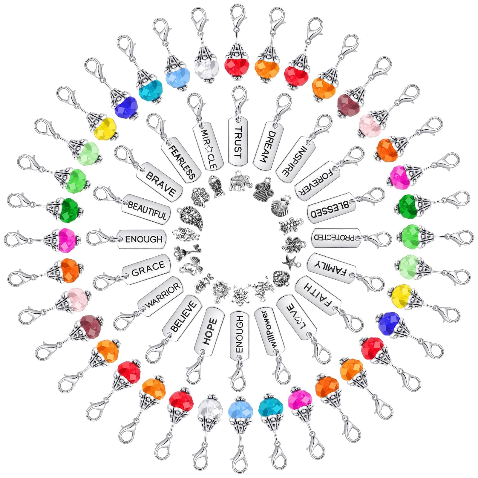 110 Pieces Crystal Dangle Charms Set Glass Drop Dangle Beads Inspiration Word Charms with Lobster Clasp Silver Metal Mixed for Jewelry Making Zipper DIY Crafting