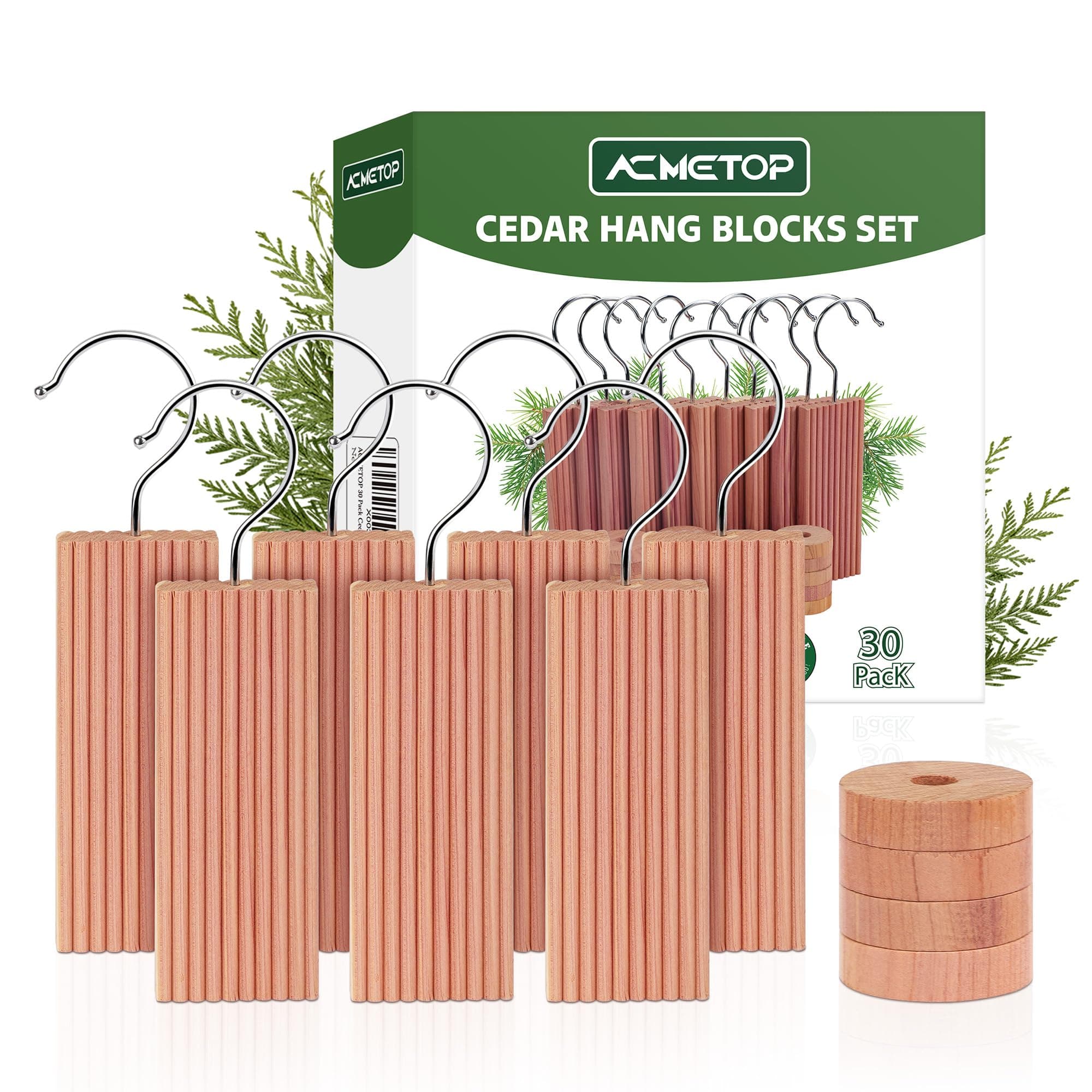ACMETOP 30 Pack Cedar Hang Ups, 10 Rectangular Blocks + 10 Hooks + 20 Round Blocks