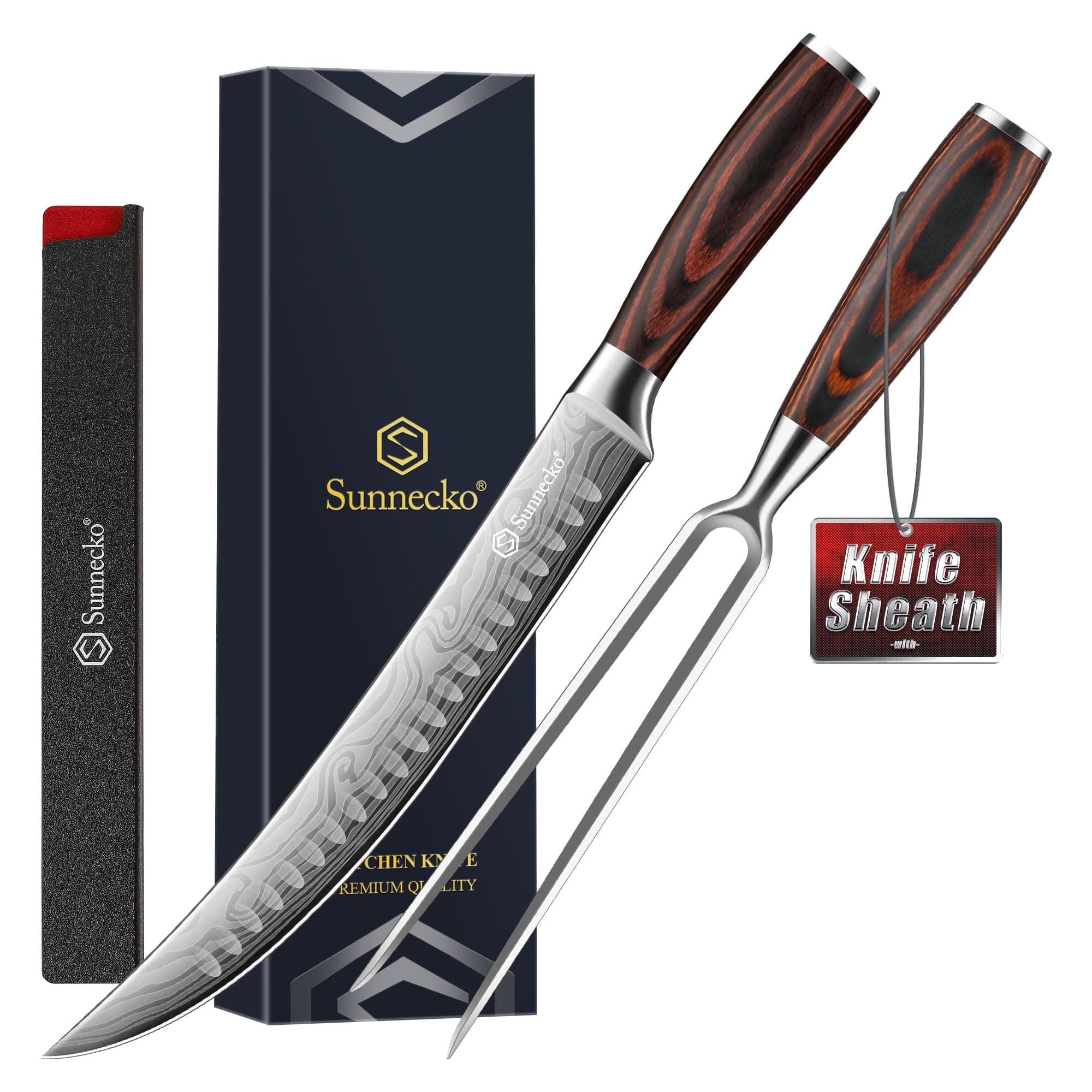 Sunnecko Butcher Knife,Razor Sharp Breaking Knife for Meat Cutting,High Carbon German Steel Carving Knives with Meat Fork