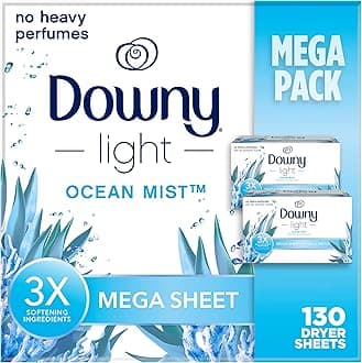 Downy Light Mega Dryer Sheets, Laundry Fabric Softener, Ocean Mist, 130 Count