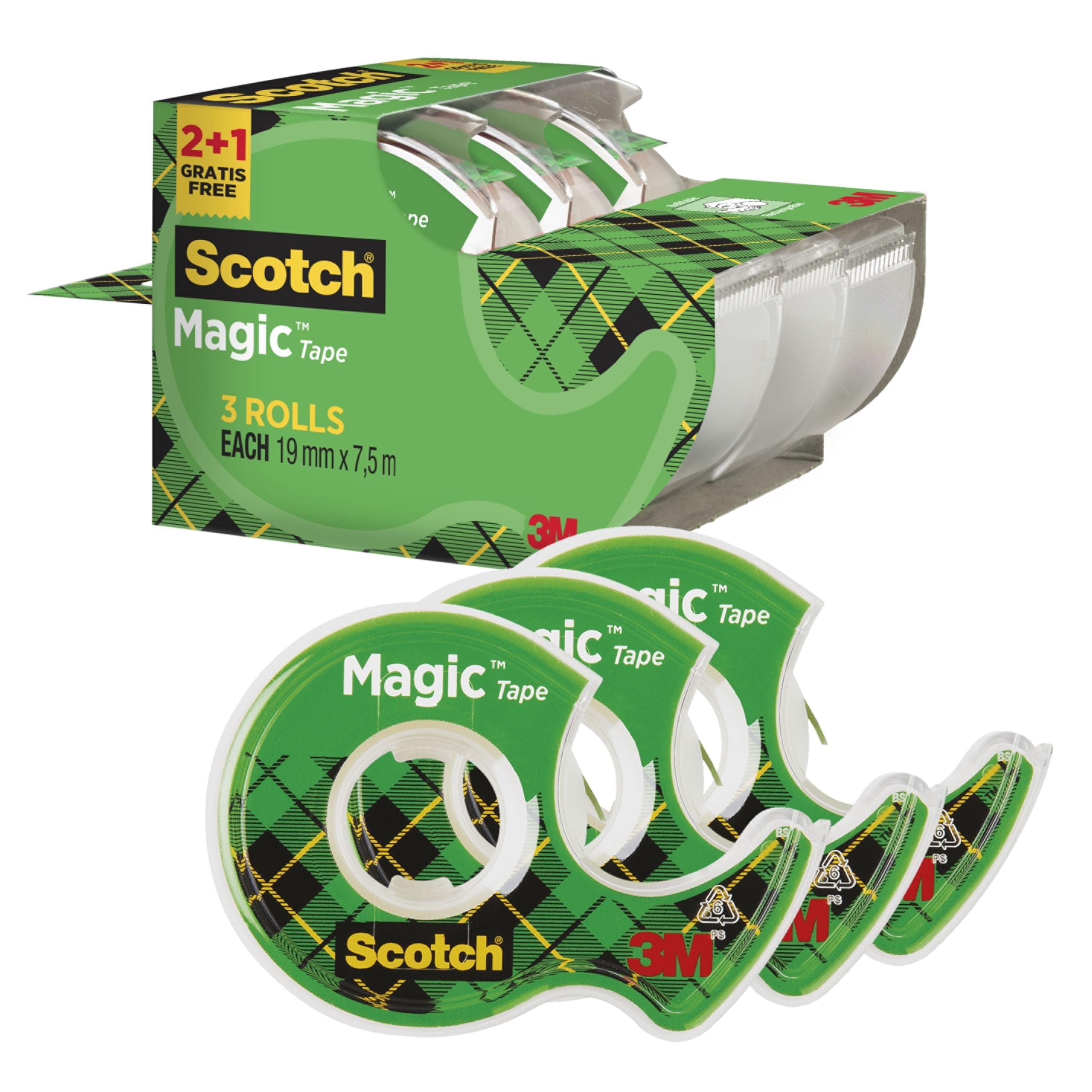 Scotch Magic Tape, Promo Pack, 2 Rolls on Handheld Dispenser + 1 FREE, 19 mm x 7.5 m - General Purpose Sticky Tape for Document Repair, Labelling & Sealing