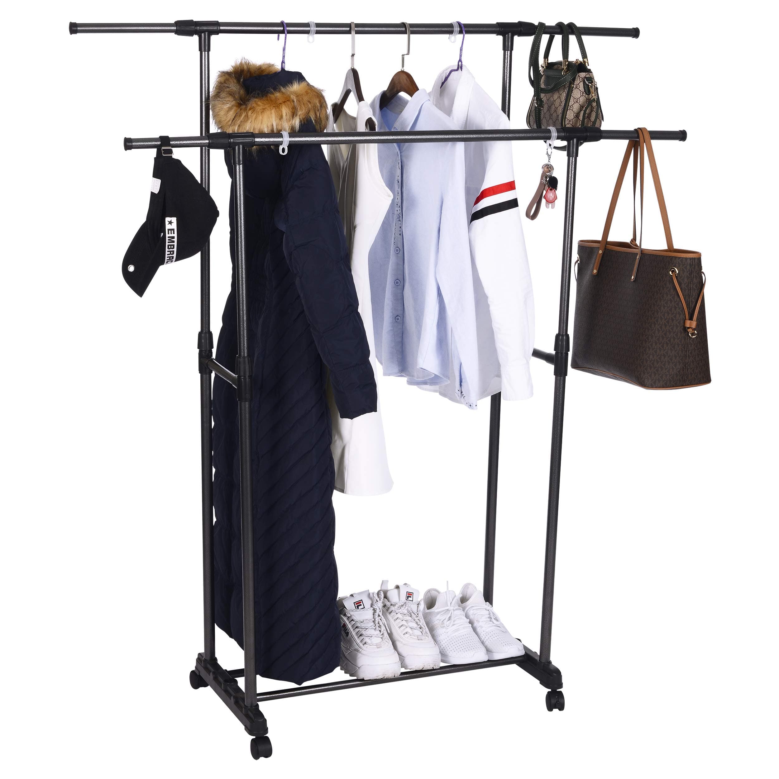 OBOR Clothes Garment Rack with Wheels 2 Tier Double Rods Height Adjustable Extendable Rods Clothing Hanging Drying Rack Organizer