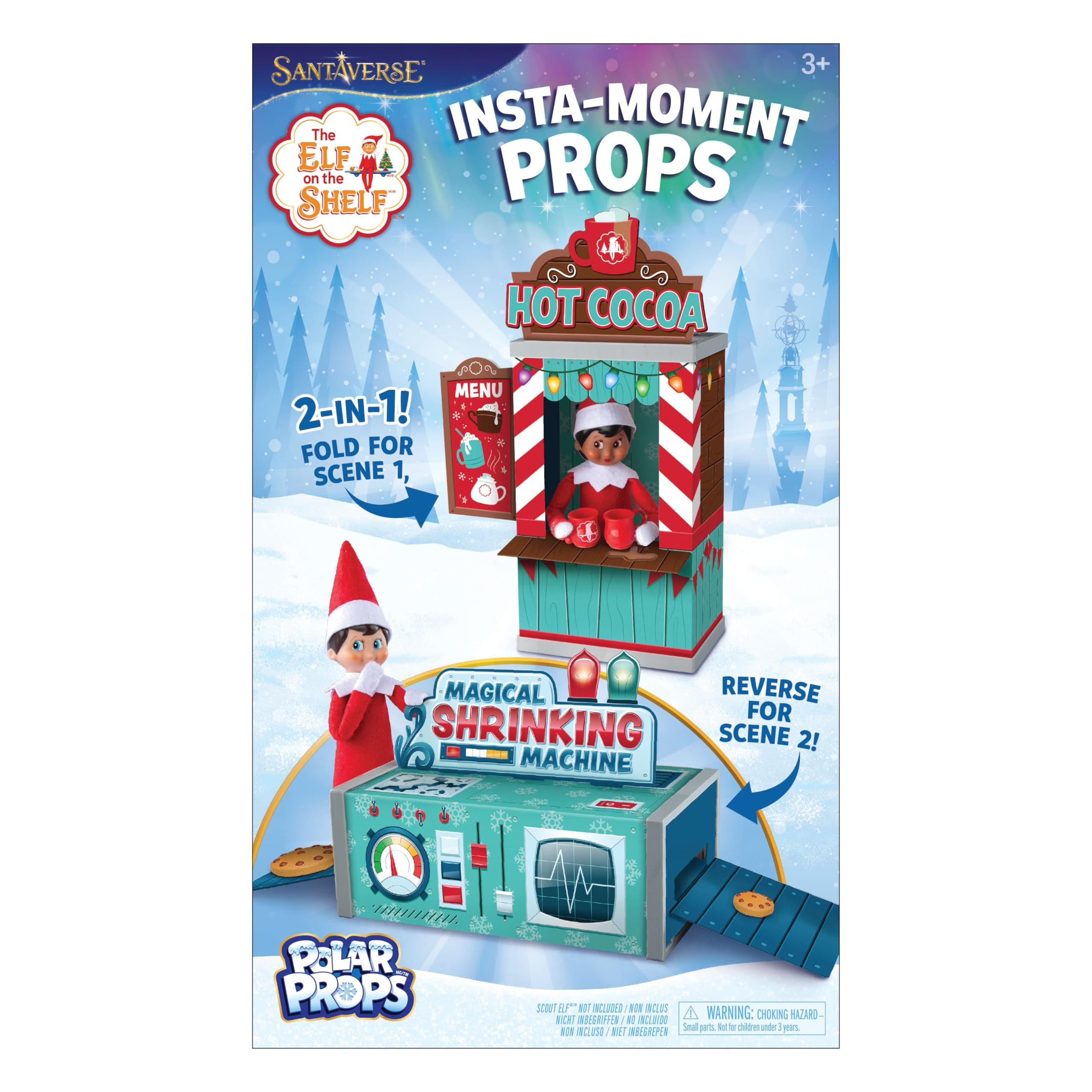 The Elf on the Shelf Insta-Props 2-in-1 Scene Kit with Reversible Pop Out Backdrop - Hot Cocoa Stand and Magic Shrinking Machine Scenes with Accessories
