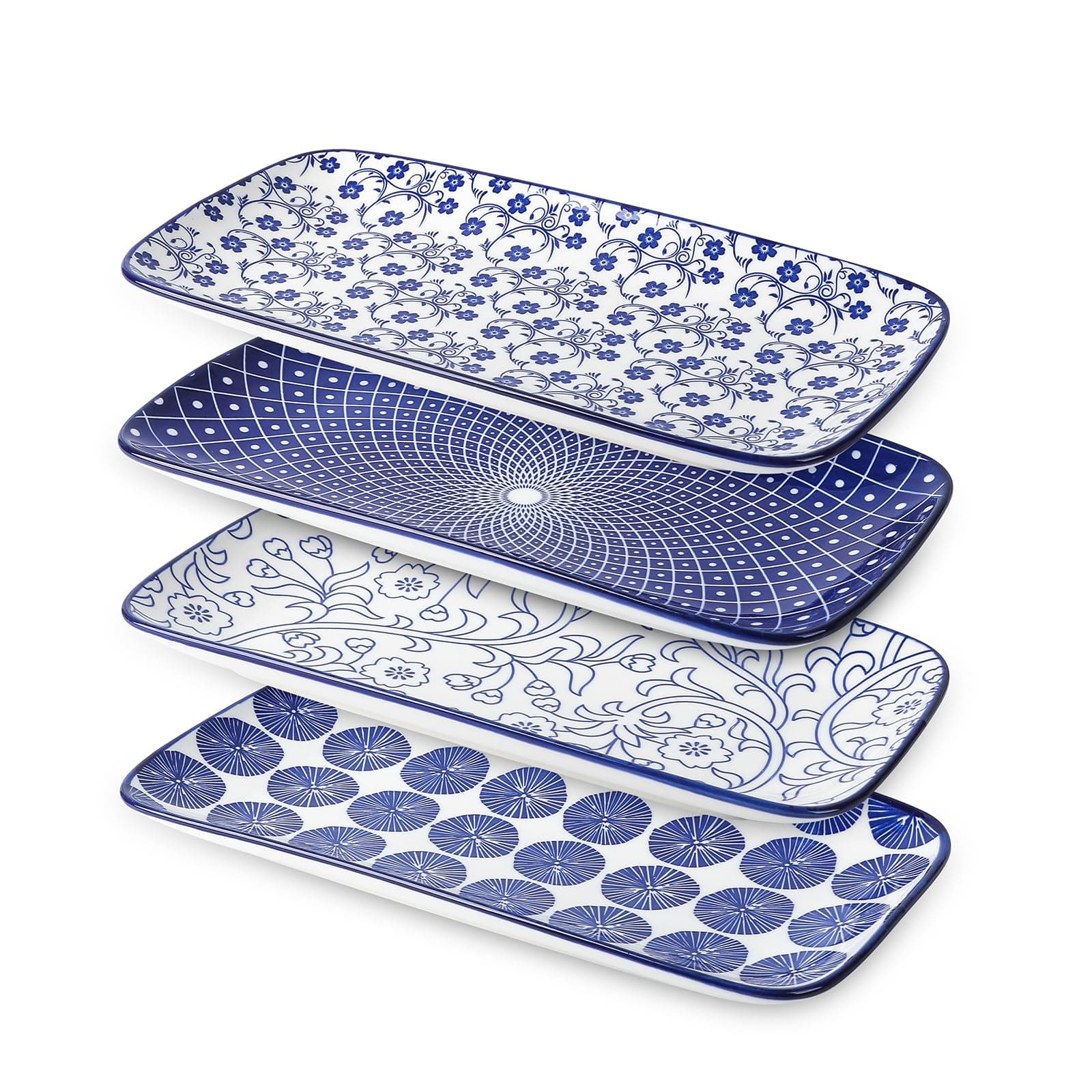 Selamica Ceramic Rectangular Salad Plates Set, Dinner Plate 9.4 Inch Dessert Plates for Party Entertaining, Small Serving Plates for Appetizers, Sushi, Fruit, Set of 4, Vintage Blue