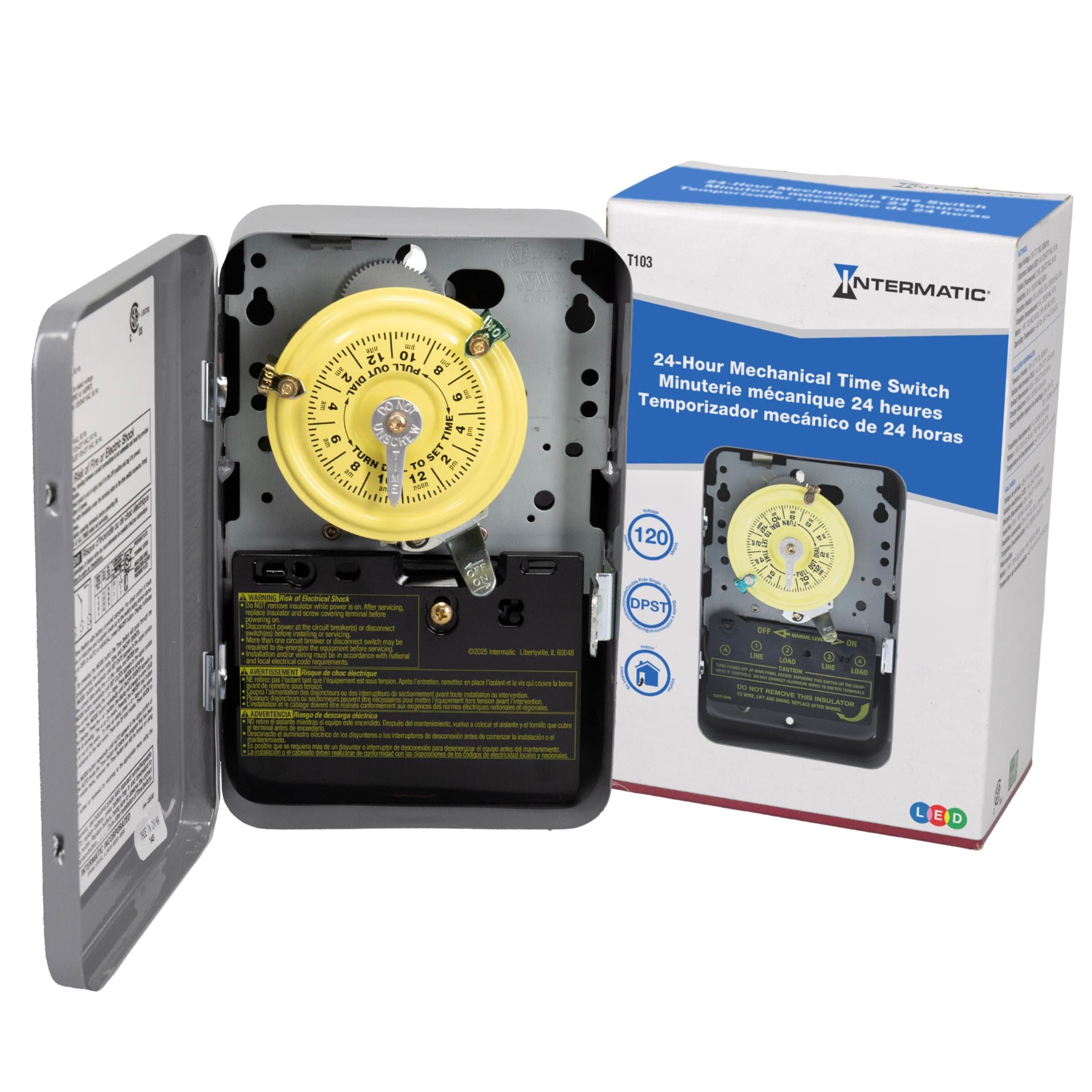 Intermatic T103 24-Hour Mechanical Timer Switch - 120V DPST, Indoor Metal Enclosure, Heavy-Duty Programmable Time Switch - 40A Load Control for Pumps, Lighting, HVAC, and Fans