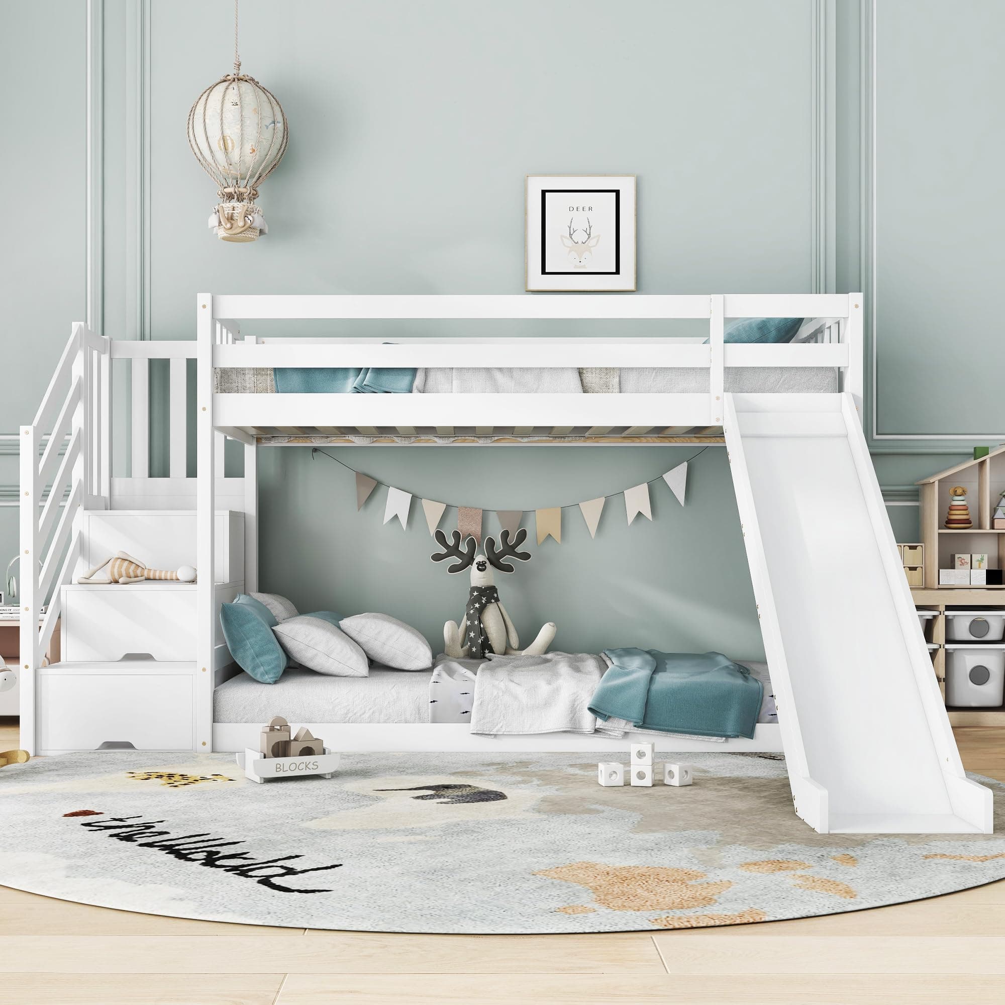 Bunk Bed with Stairs and Slide, Solid Pine Wood Frame, Children Bed with 2 Drawers in the Steps, Ideal for Any Room, 90x190cm, White【UK Fast Shippment】